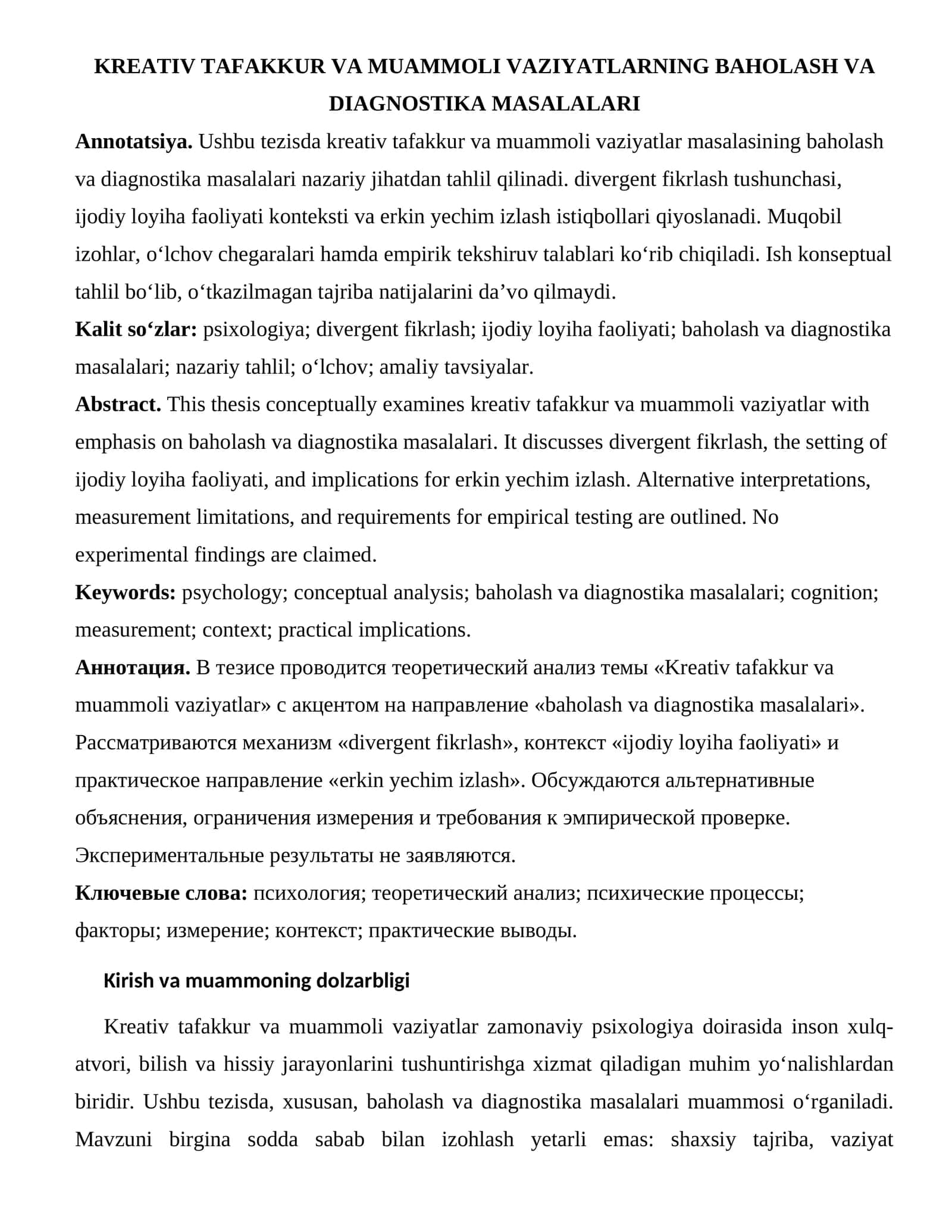 Kreativ tafakkur va muammoli vaziyatların baholash va diagnostika masalalari
