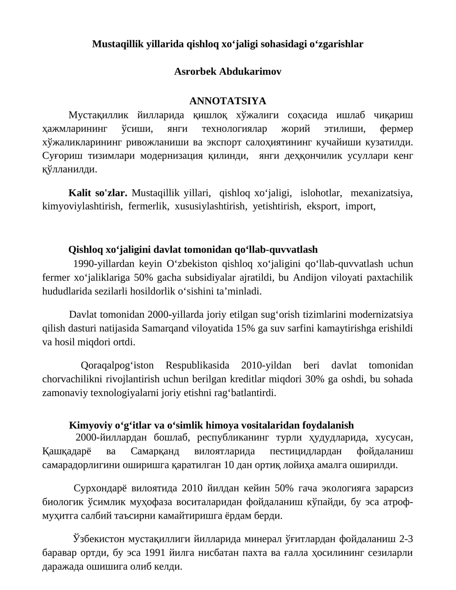 Qishloq xoʻjaligini davlat tomonidan qoʻllab-quvvatlash