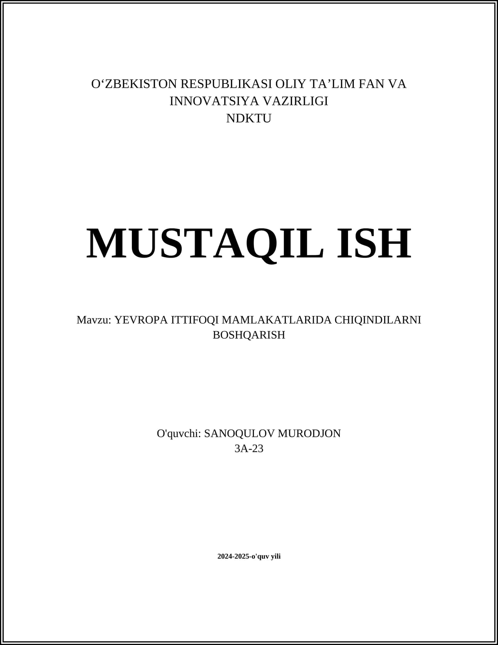 YEVROPA ITTIFOQI MAMLAKATLARIDA CHIQINDILARNI BOSHQARISH