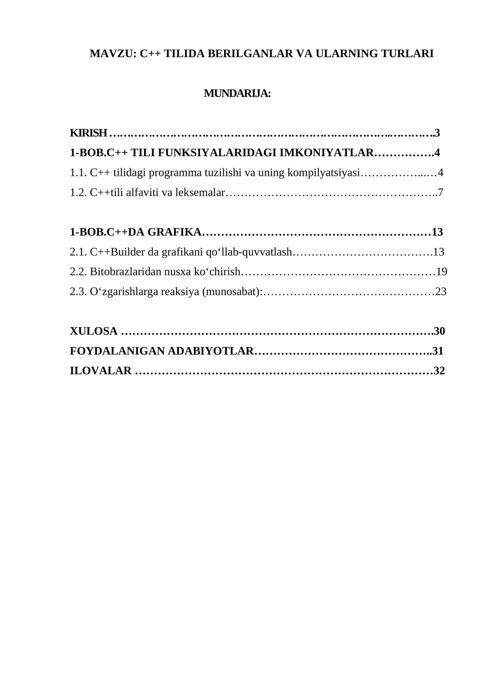 C++ TILIDA BERILGANLAR VA ULARNING TURLARI