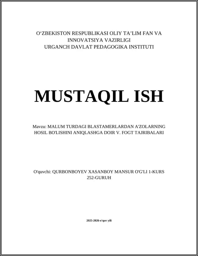 V. Fogt tajribalarining umumiy maqsadi va nazariy asoslari