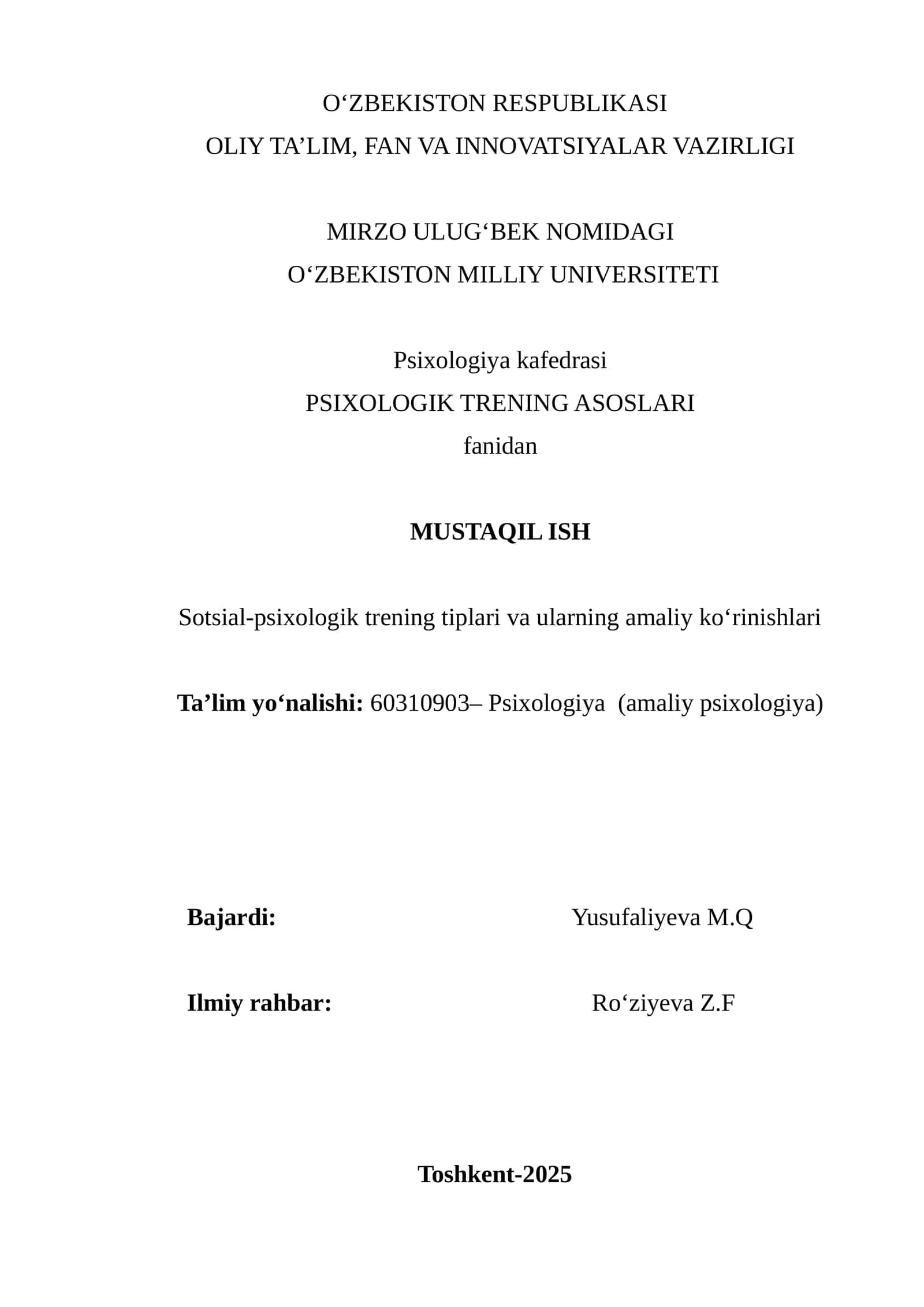O‘zbekiston Milliy Universiteti Psixologiya kafedrasi - Psixologik trening asoslari