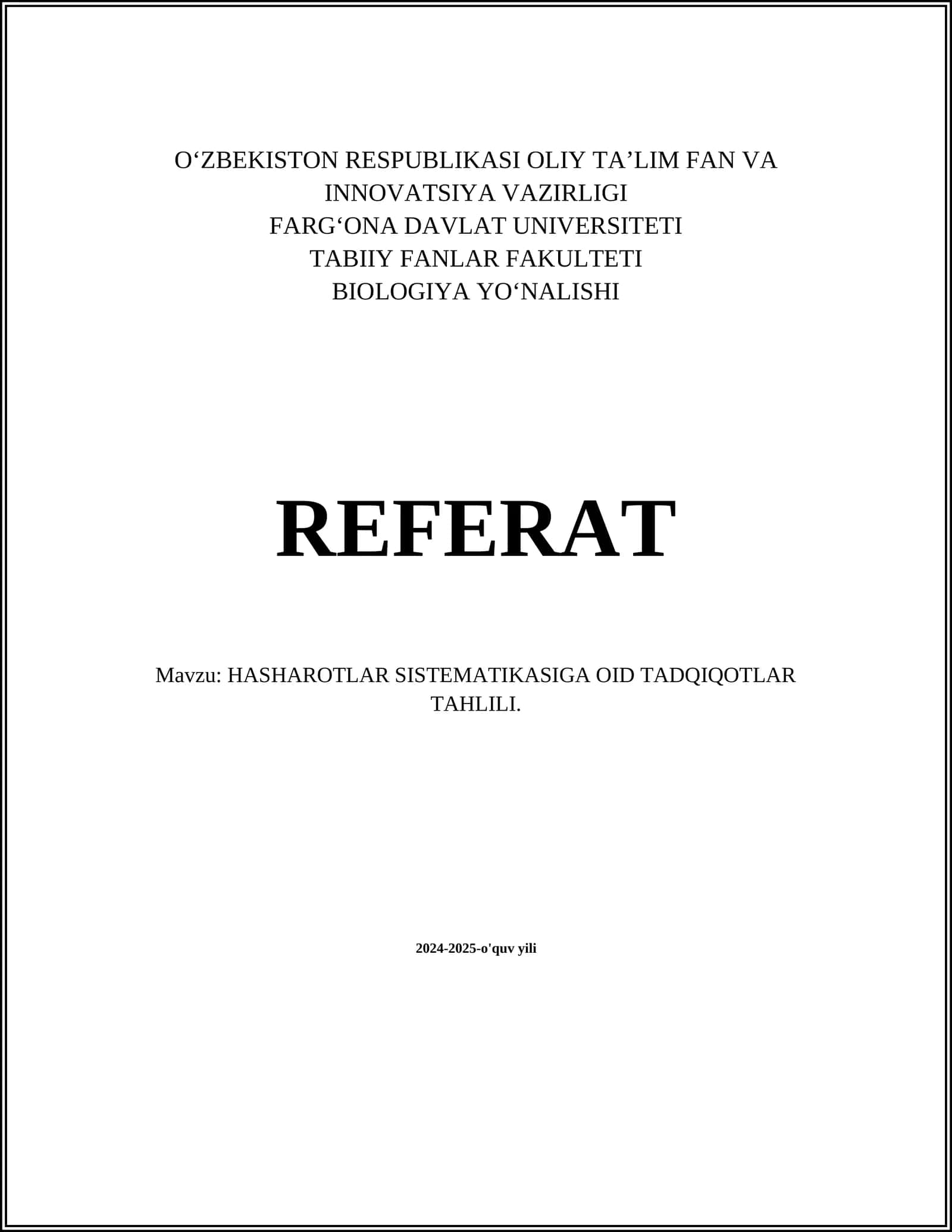 HASHAROTLAR SISTEMATIKASIGA OID TADQIQOTLAR TAHLILI