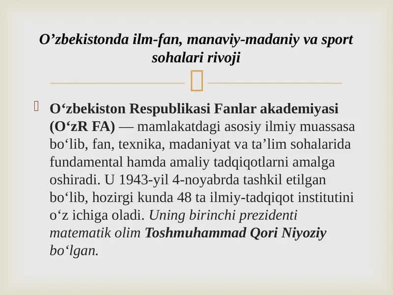 Oʼzbekistonda ilm-fan, manaviy-madaniy va sport sohalari rivoji