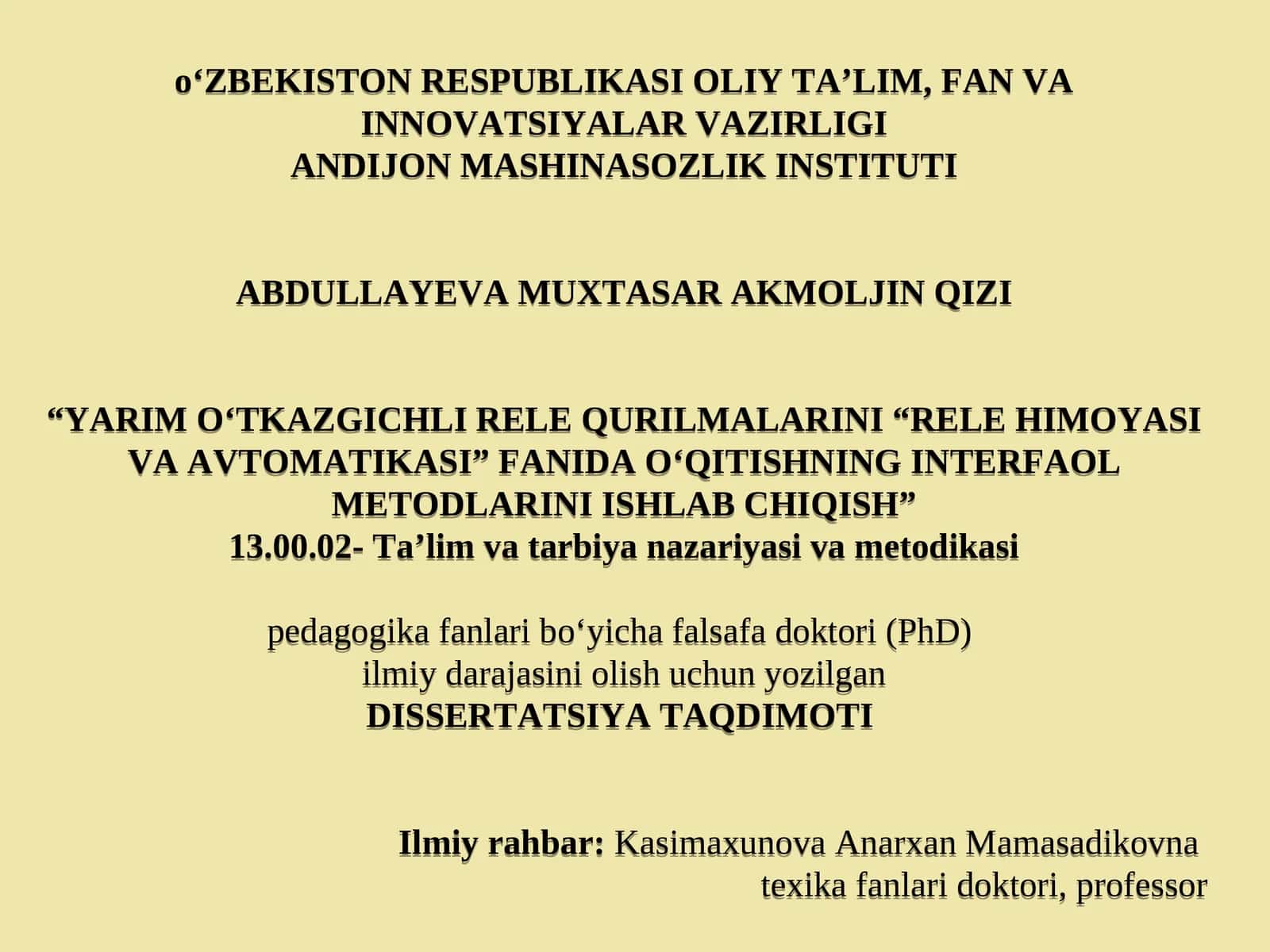 “YARIMO‘TKAZGICHLI RELE QURILMALARINI “RELE HIMOYASI VA AVTOMATIKASI” FANIDAO‘QITISHNING INTERFAOL METODLARINI ISHLAB CHIQISH”
