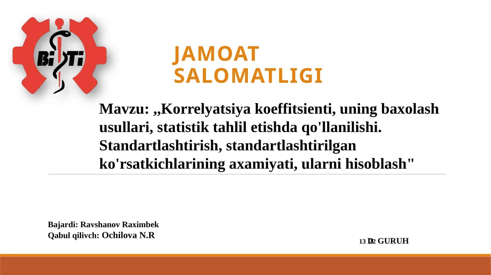 Korrelyatsiya koeffitsienti, uni baholash usullari, statistik 2 tahlil etishda qo'llanilishi. Grafik tasvirlar va ularning qo'llanilishi Standartlashtirish, standartlashtirilgan ko'rsatkichilarining ahamiyati, ularni hisoblash.