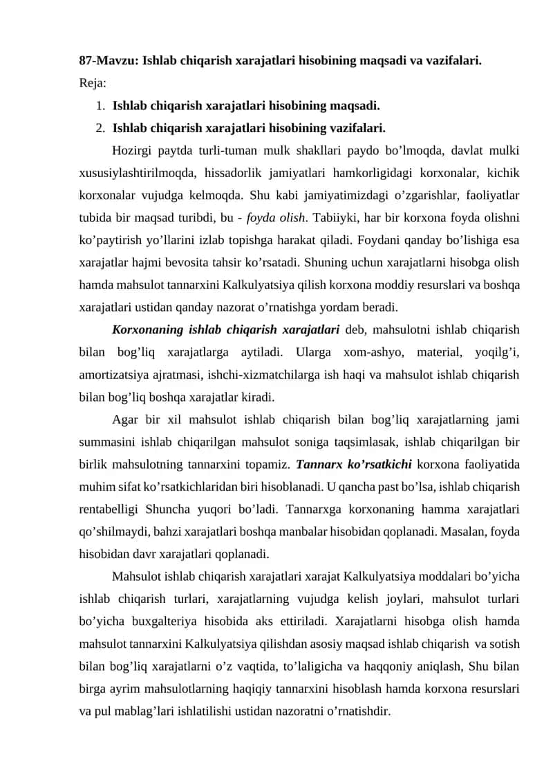 Ishlab chiqarish xarajatlari hisobi