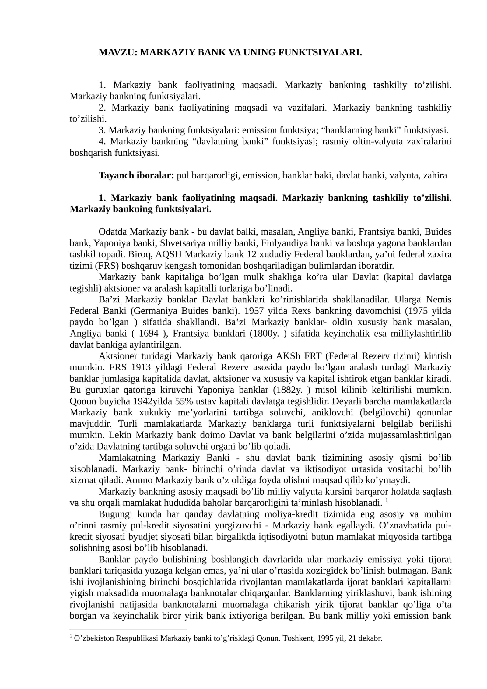 MARKAZIY BANK VA UNING FUNKTSIYALARI