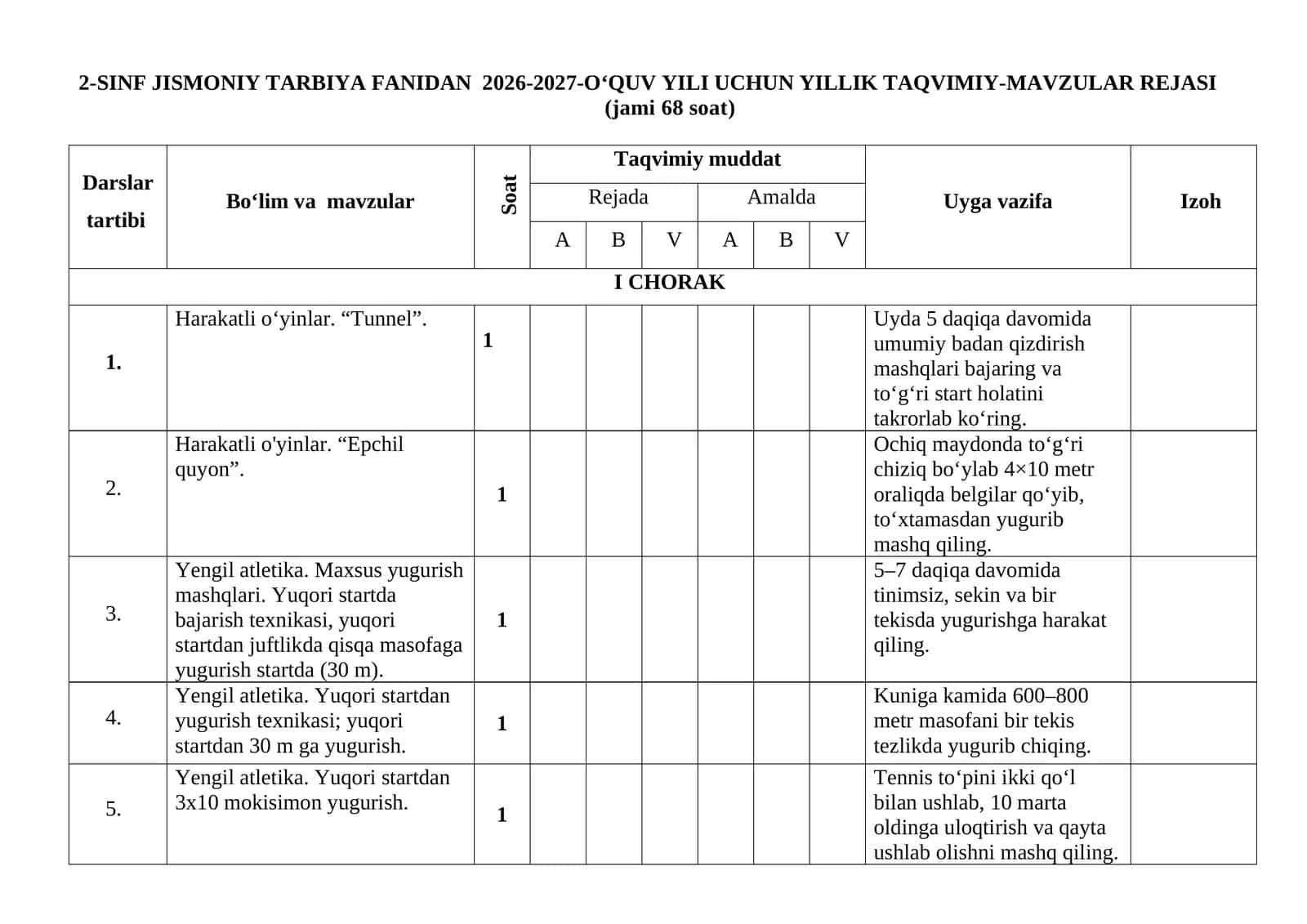 2-SINF JISMONIY TARBIYA FANIDAN 2026-2027-O‘QUV YILI UCHUN YILLIK TAQVIMIY-MAVZULAR REJASI