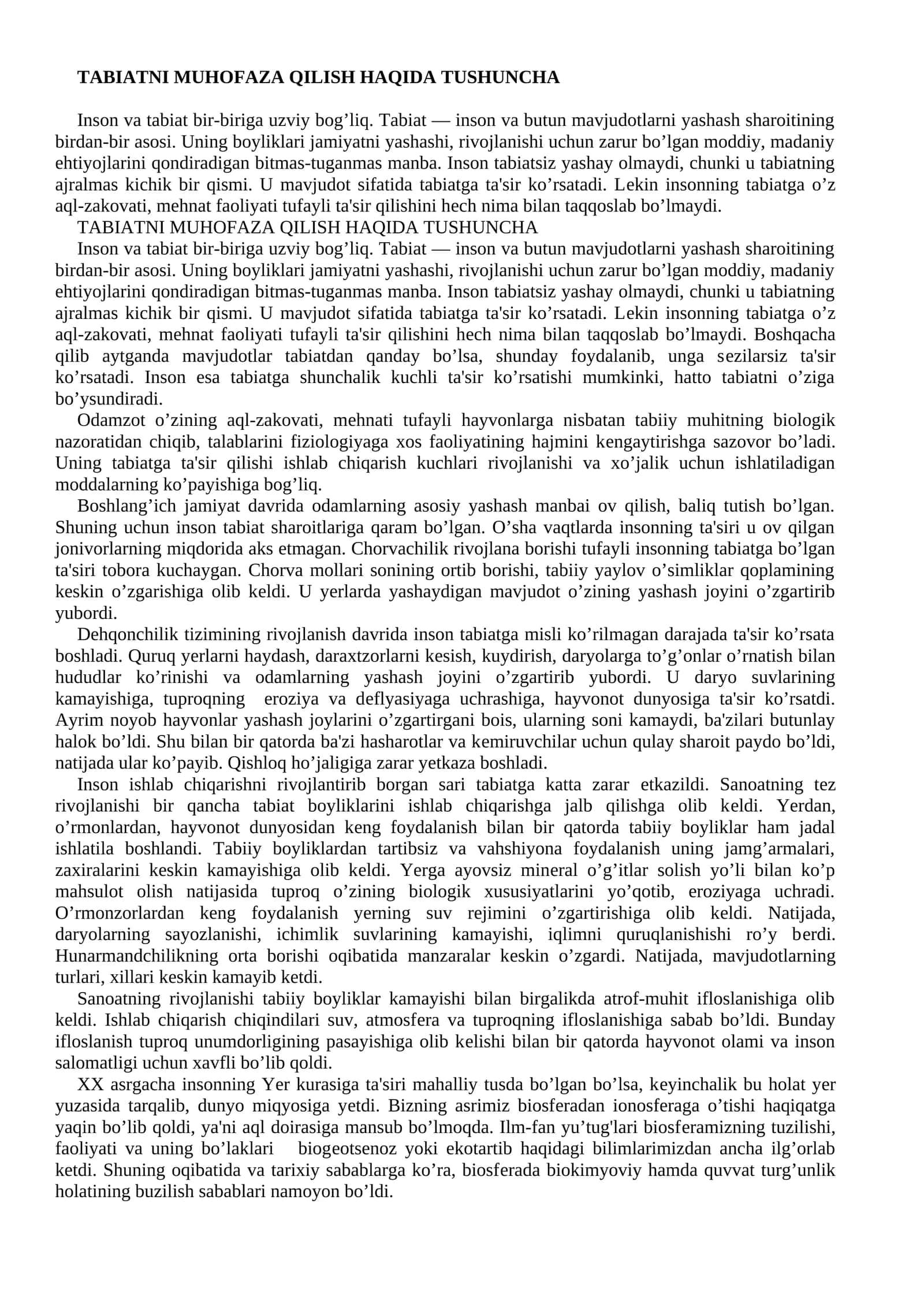 TABIATNI MUHOFAZA QILISH HAQIDA TUSHUNCHA