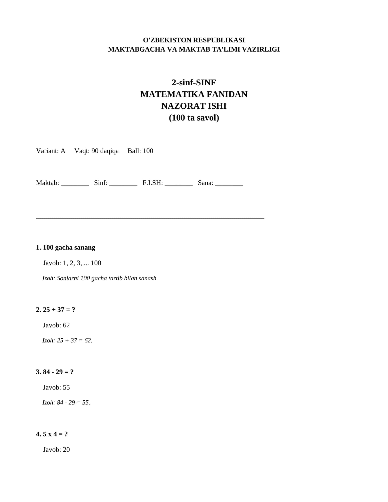 2-sinf-SINF MATEMATIKA FANIDAN NAZORAT ISHI
