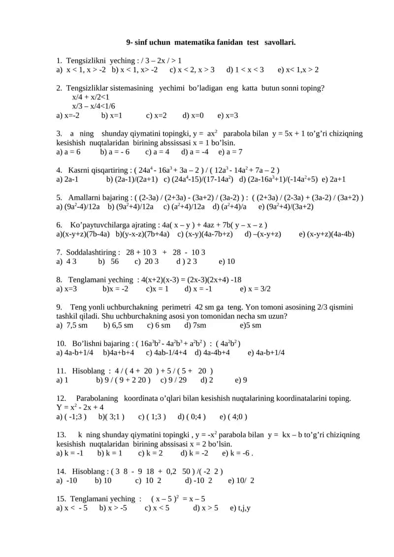 9- sinf uchun matematika fanidan test savollari