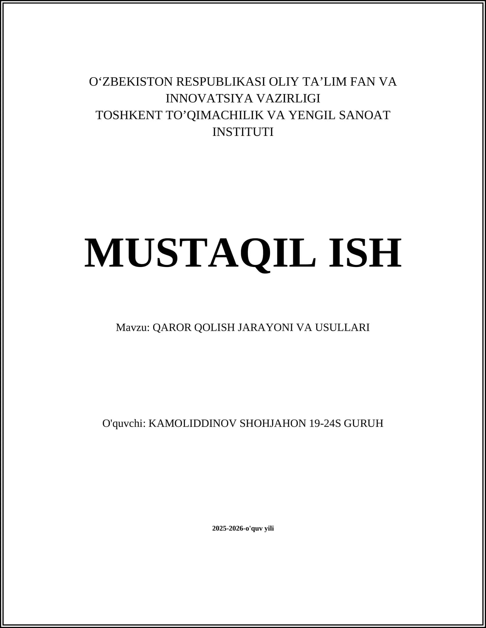 QAROR QOLISH JARAYONI VA USULLARI