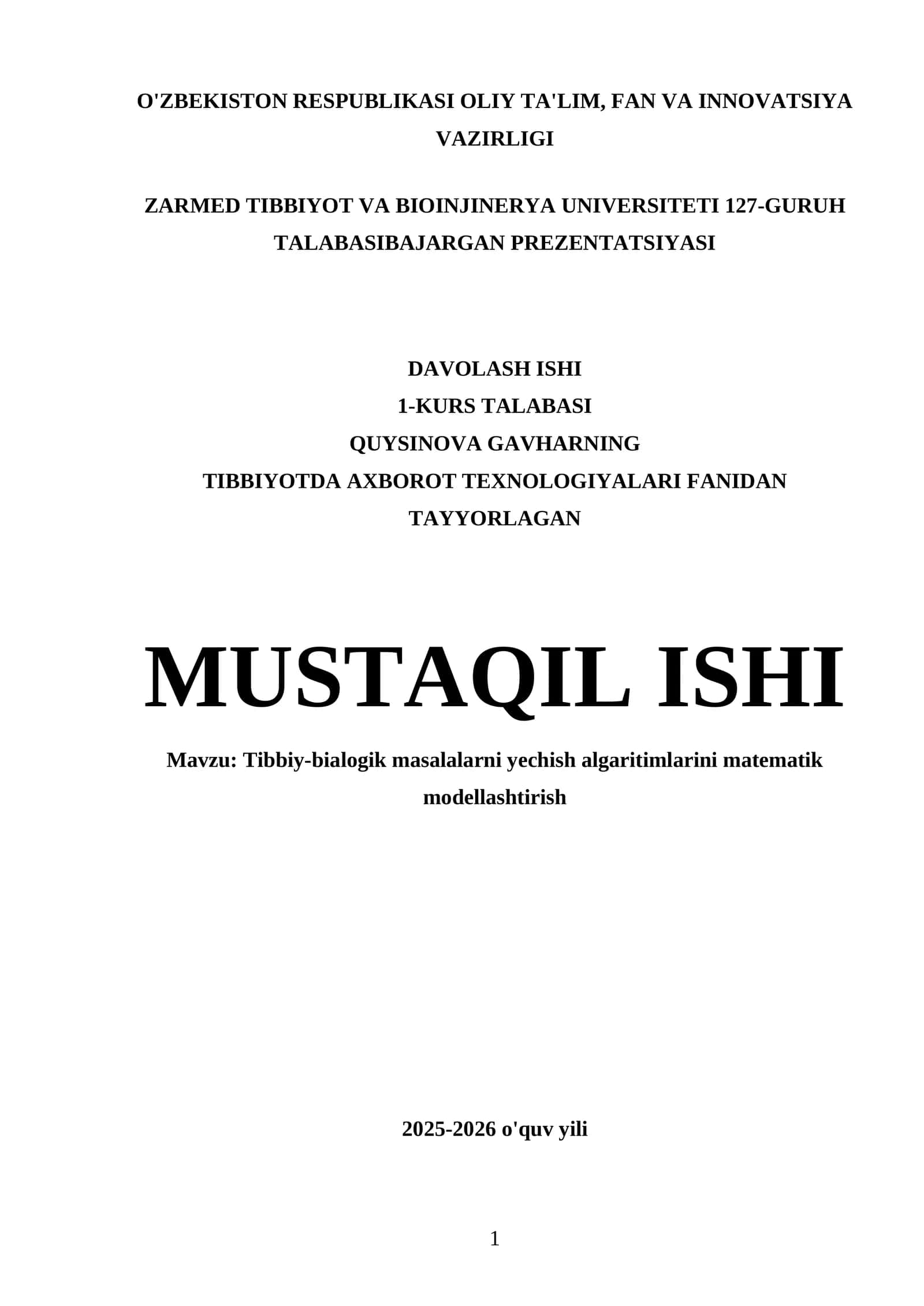 Tibbiy-bialogik masalalarni yechish algaritimlarini matematik modellashtirish