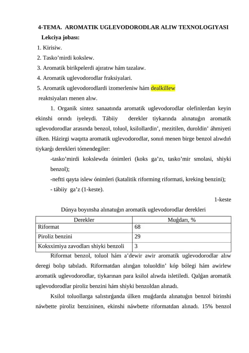 AROMATIK UGLEVODORODLAR ALIW TEXNOLOGIYASI