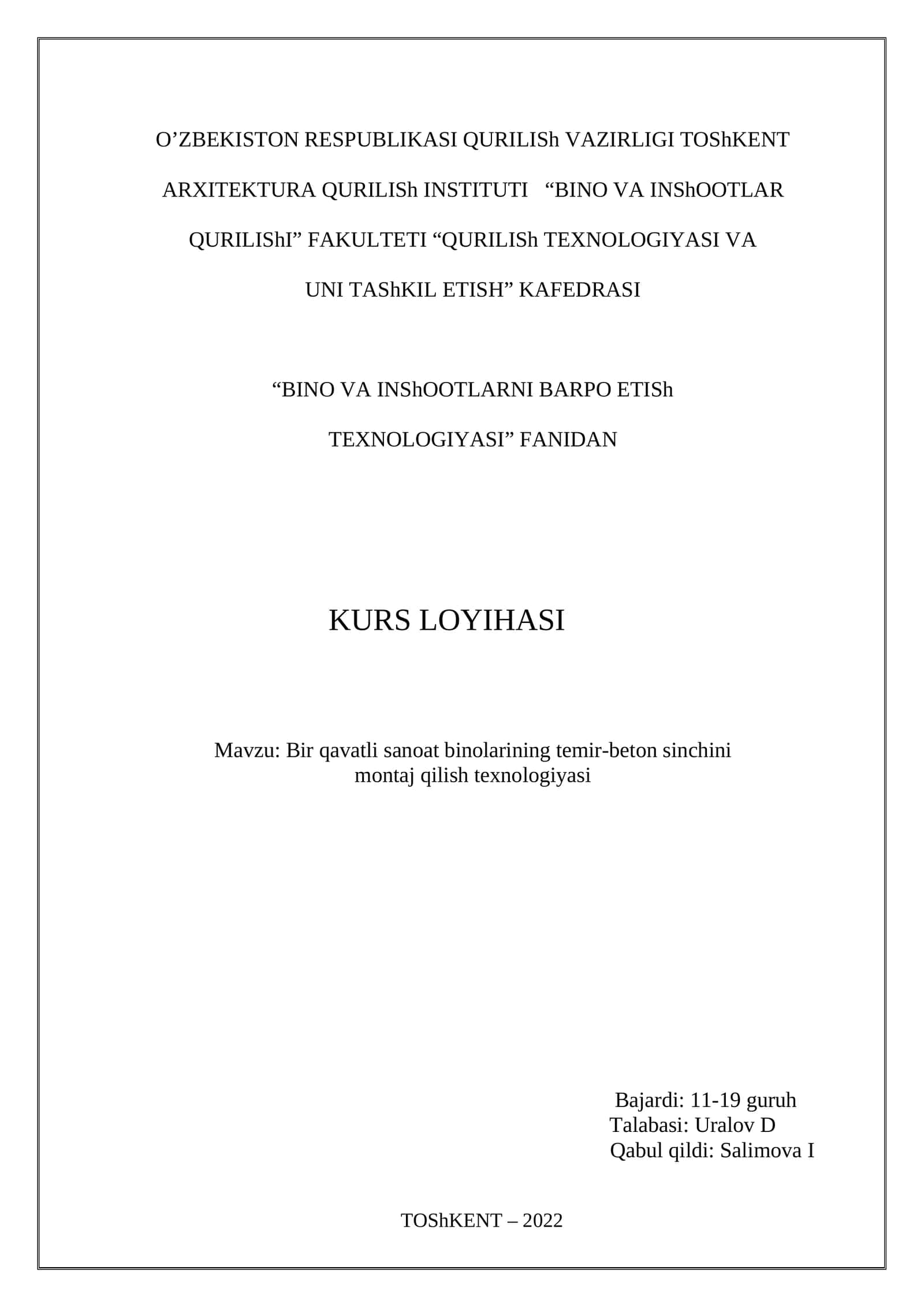 Bir qavatli sanoat binolarining temir-beton sinchini montaj qilish texnologiyasi