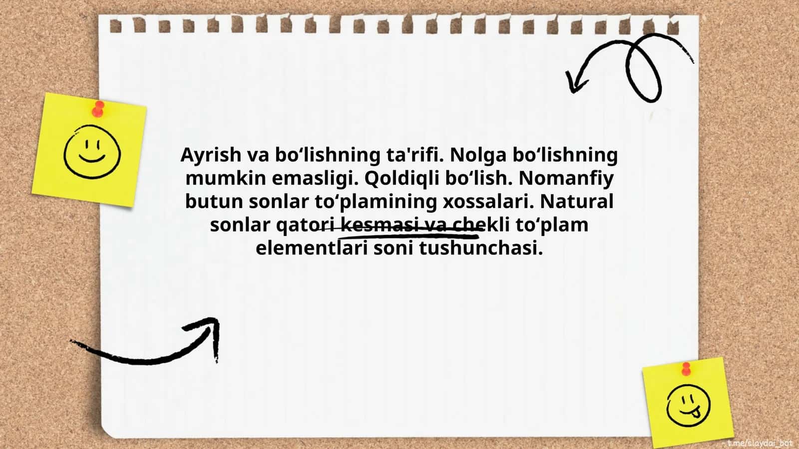 Ayrish va boʻlishning ta'rifi. Nolga boʻlishning mumkin emasligi. Qoldiqli boʻlish. Nomanfiy butun sonlar toʻplamining xossalari. Natural sonlar qatori kesmasi va chekli toʻplam elementlari soni tushunchasi