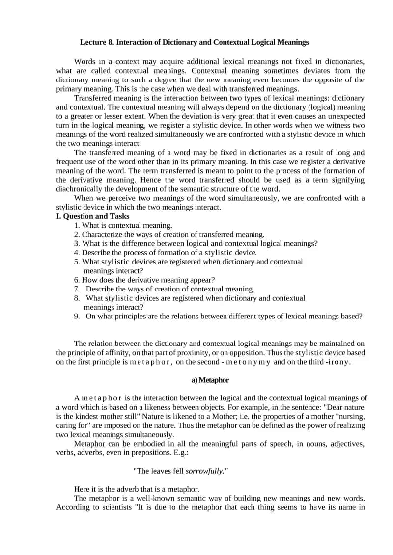 Lecture 8. Interaction of Dictionary and Contextual Logical Meanings