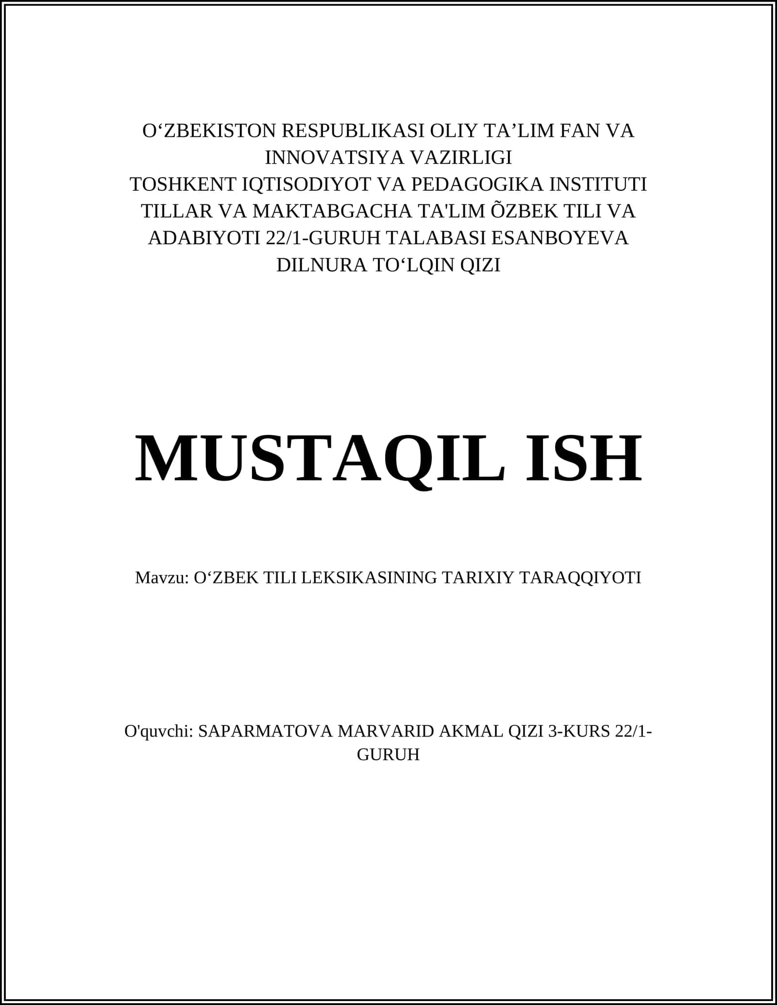 O'ZBEK TILI LEKSIKASINING TARIXIY TARAQQIYOTI