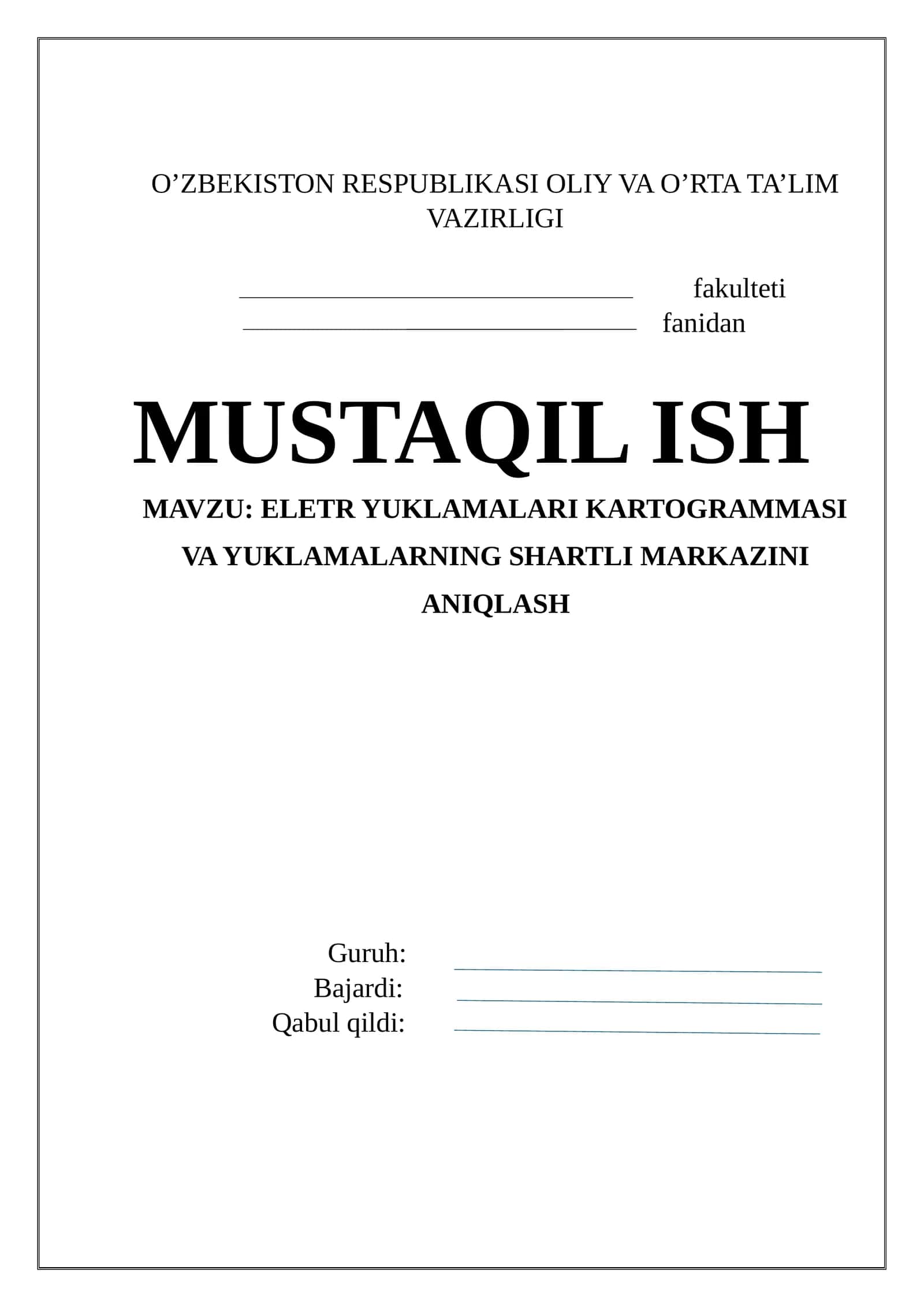 ELETR YUKLAMALARI KARTOGRAMMASI VA YUKLAMALARNING SHARTLI MARKAZINI ANIQLASH
