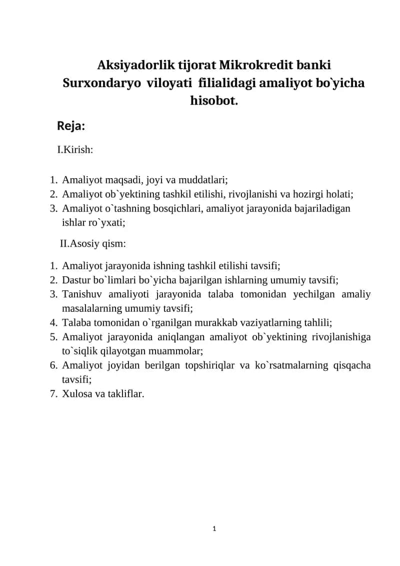 Aksiyadorlik tijorat Mikrokredit banki Surxondaryo viloyati filialidagi amaliyot bo`yicha hisobot