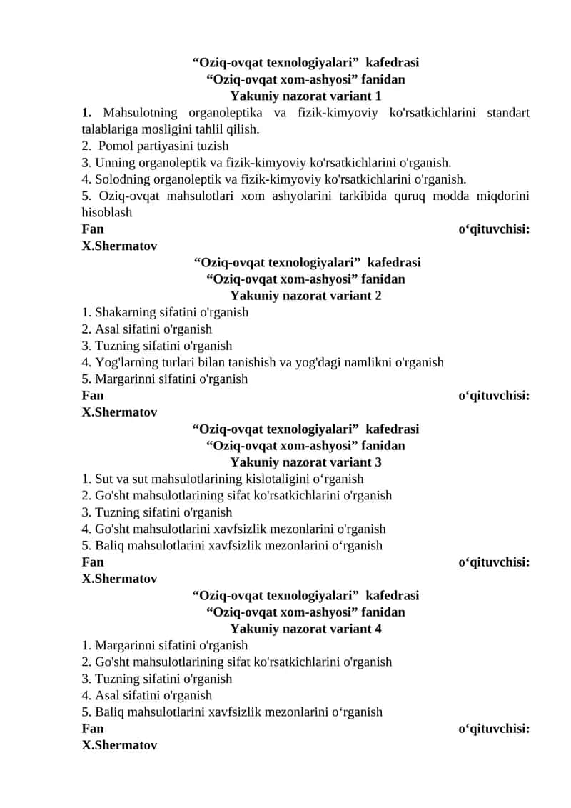 Oziq-ovqat xom-ashyosi fanidan Yakuniy nazorat variant 1