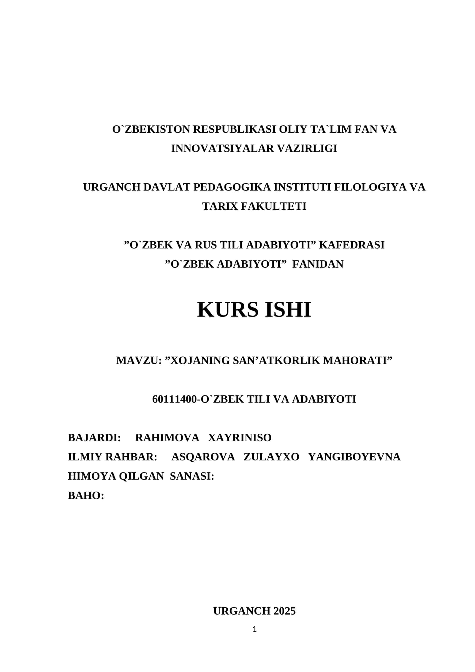 ”XOJANING SAN’ATKORLIK MAHORATI”