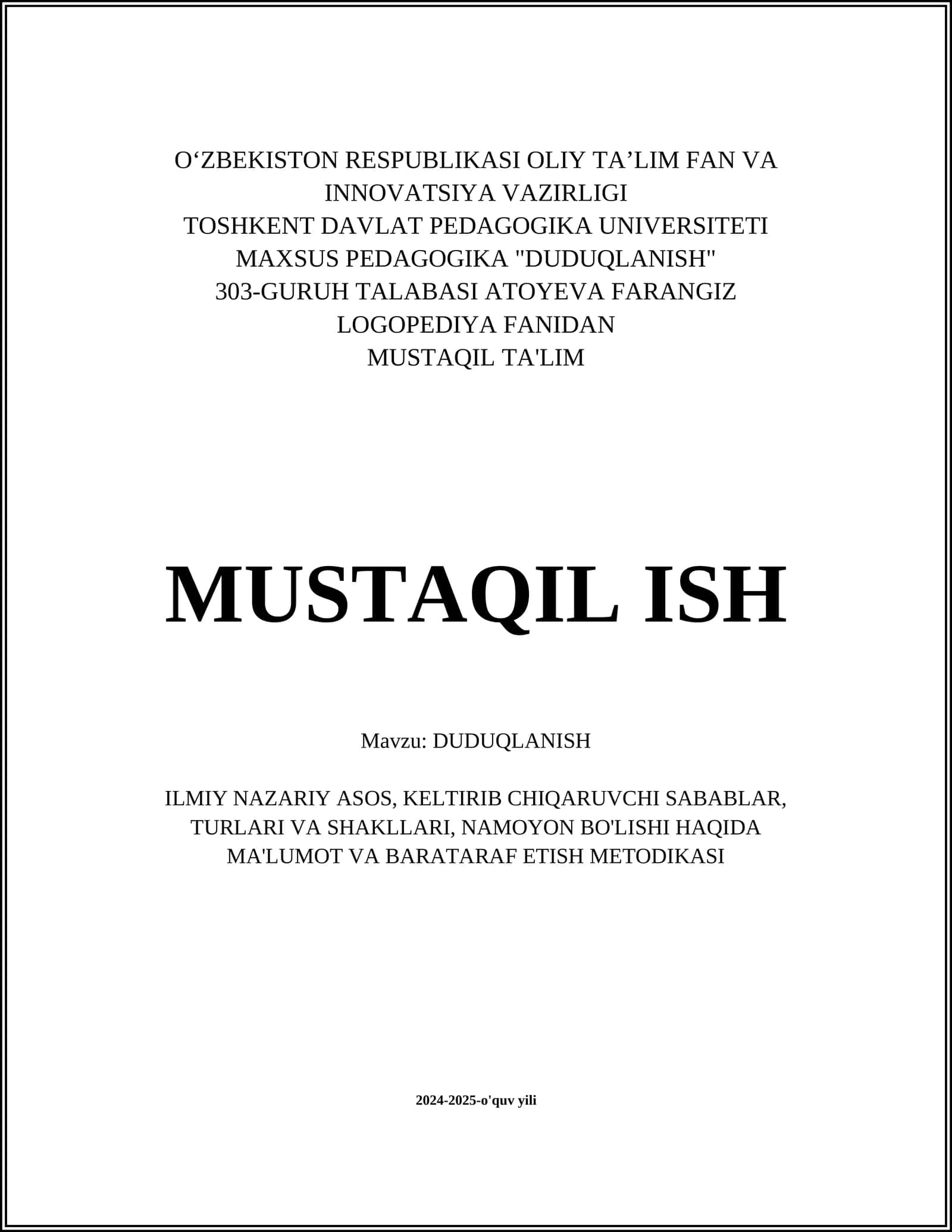 MAXSUS PEDAGOGIKA "DUDUQLANISH"