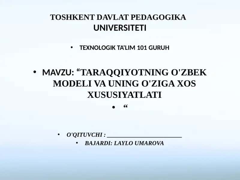 TARAQQIYOTNING O'ZBEK MODELI VA UNING O'ZIGA XOS XUSUSIYATLATI