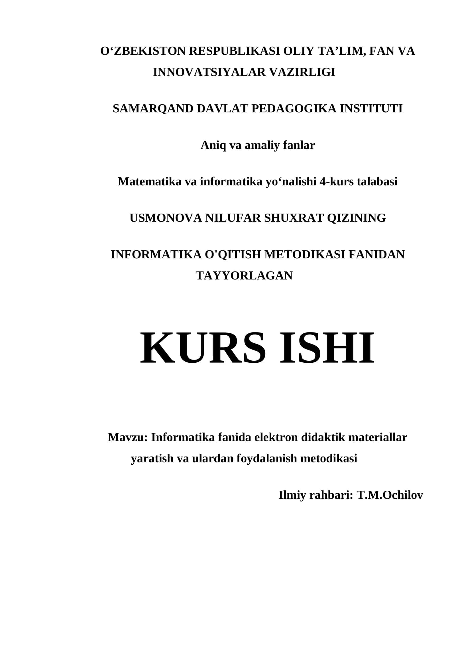 INFORMATIKA O'QITISH METODIKASI FANIDAN TAYYORLAGAN KURS ISHI