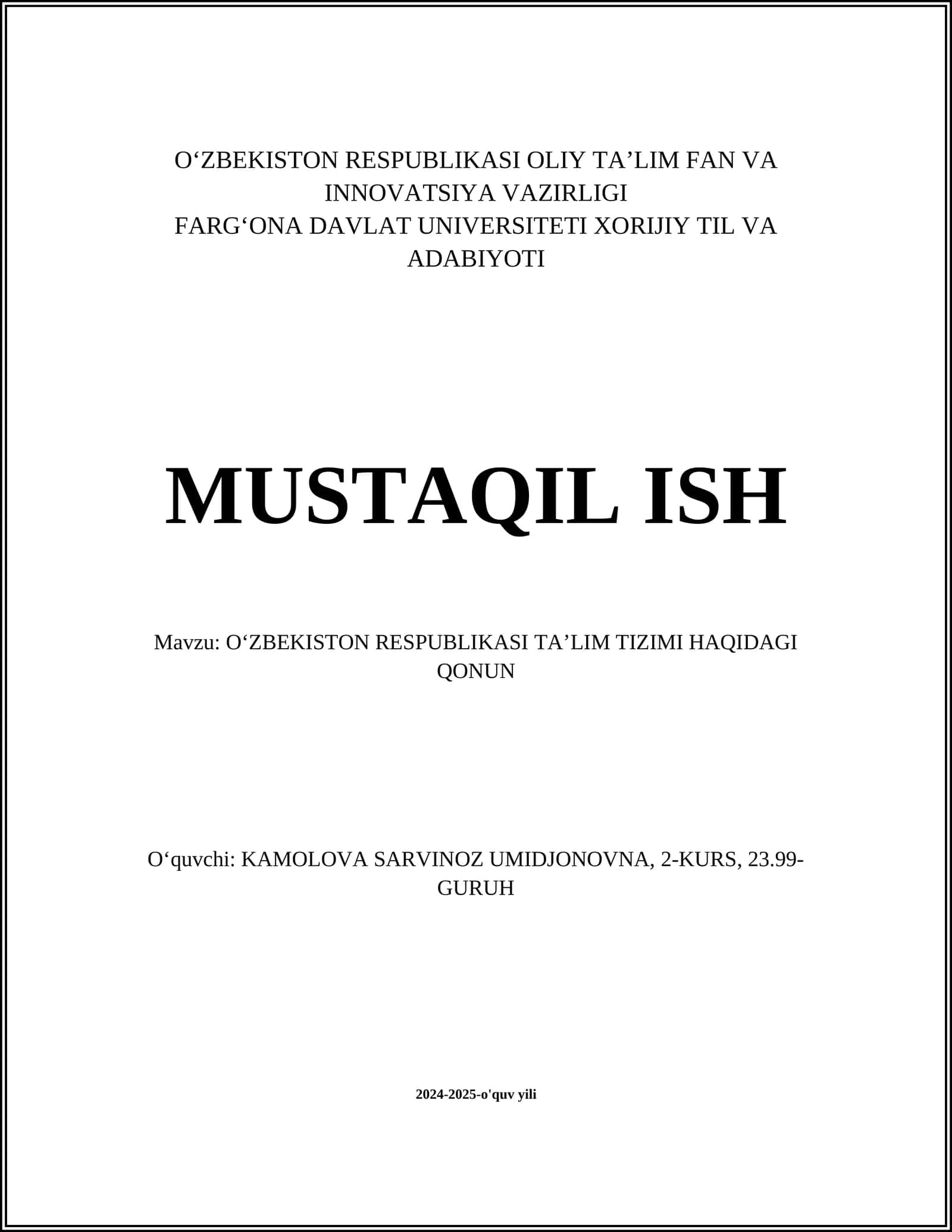 O'zbekiston Respublikasi Ta'lim Tizimi Haqidagi Qonun
