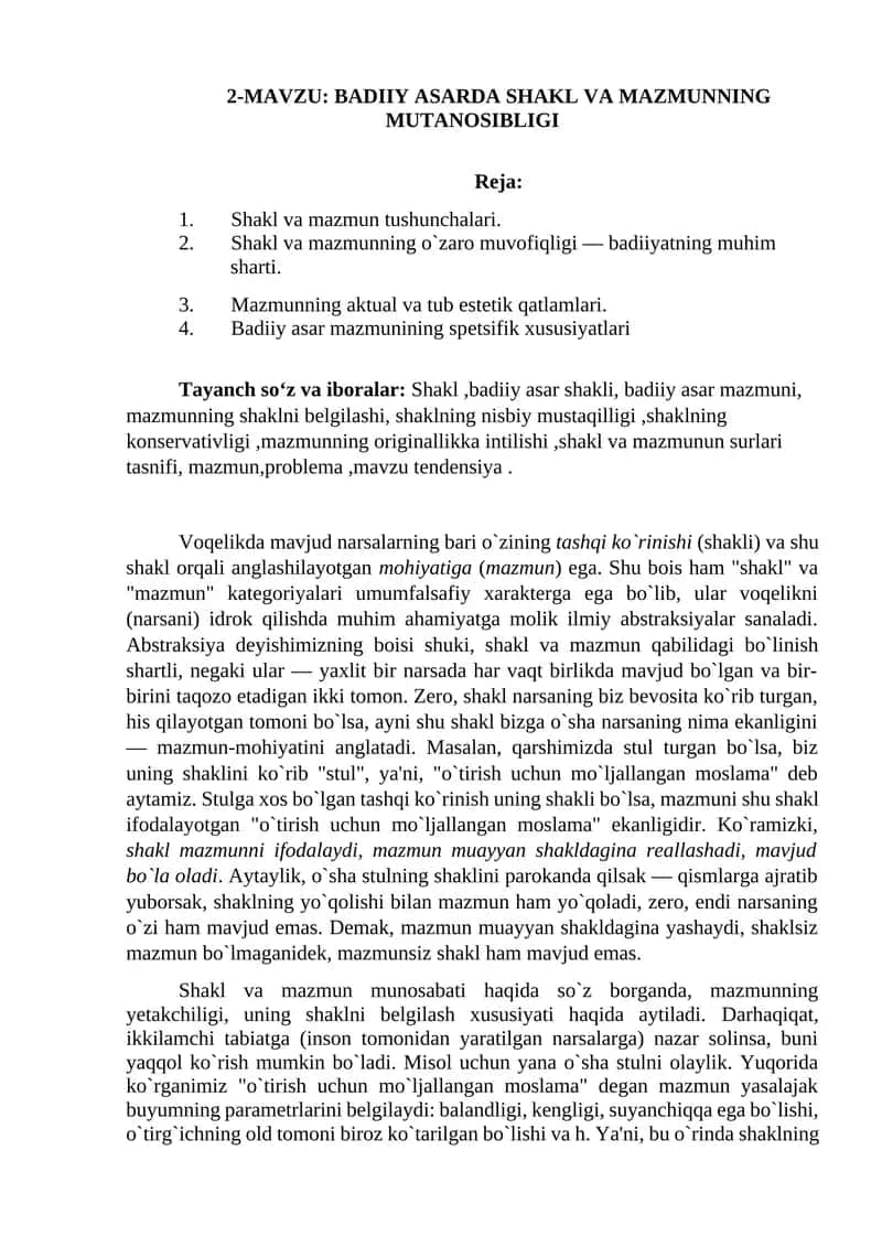 BADIIY ASARDA SHAKL VA MAZMUNNING MUTANOSIBLIGI