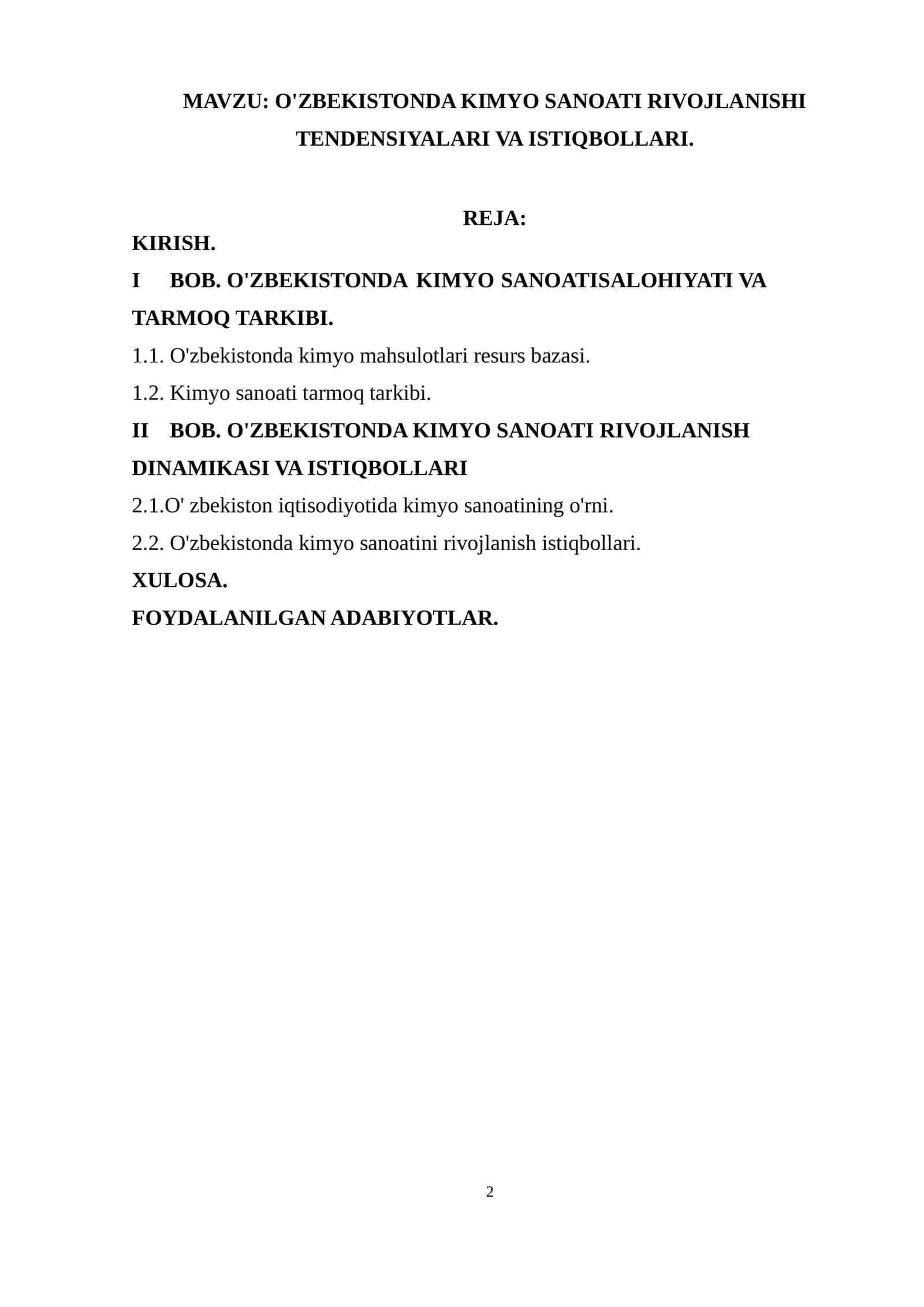 O'ZBEKISTONDA KIMYO SANOATI RIVOJLANISHI TENDENSIYALARI VA ISTIQBOLLARI