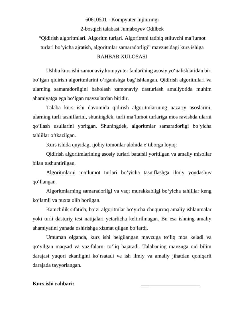 Qidirish algoritmlari. Algoritm turlari. Algoritmni tadbiq etiluvchi ma’lumot turlari bo’yicha ajratish, algoritmlar samaradorligi