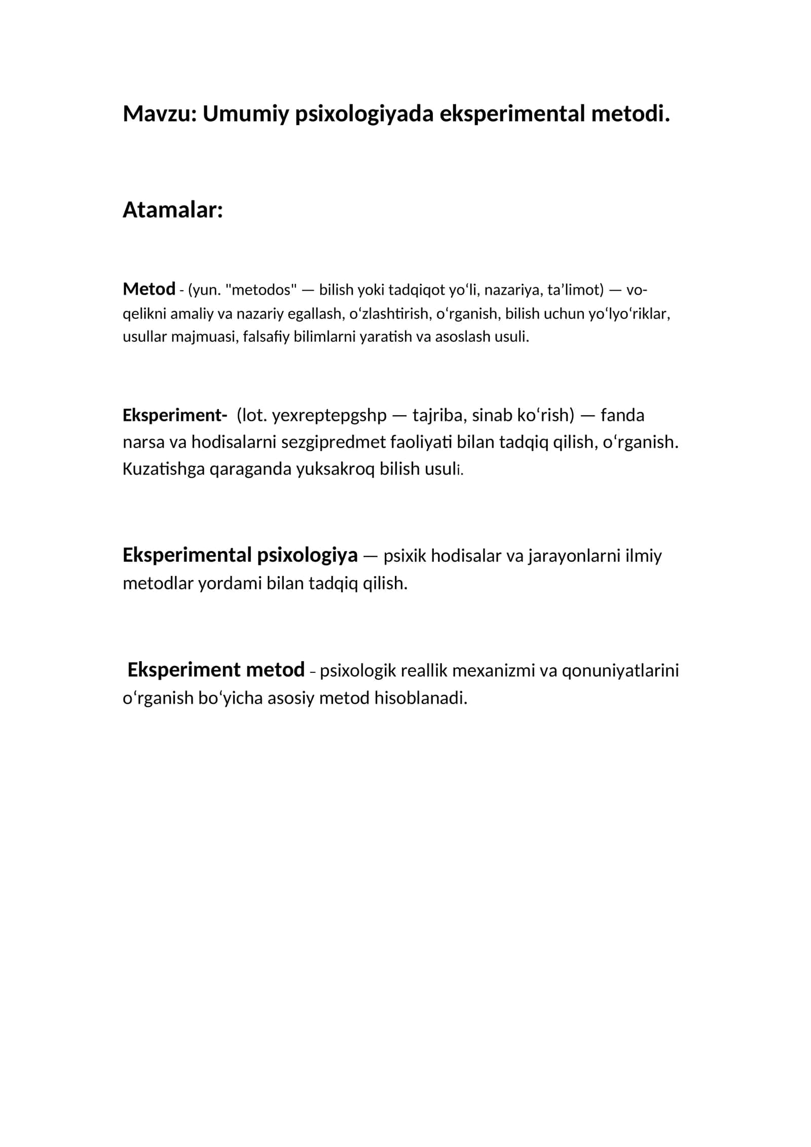 Umumiy psixologiyada eksperimental metodi