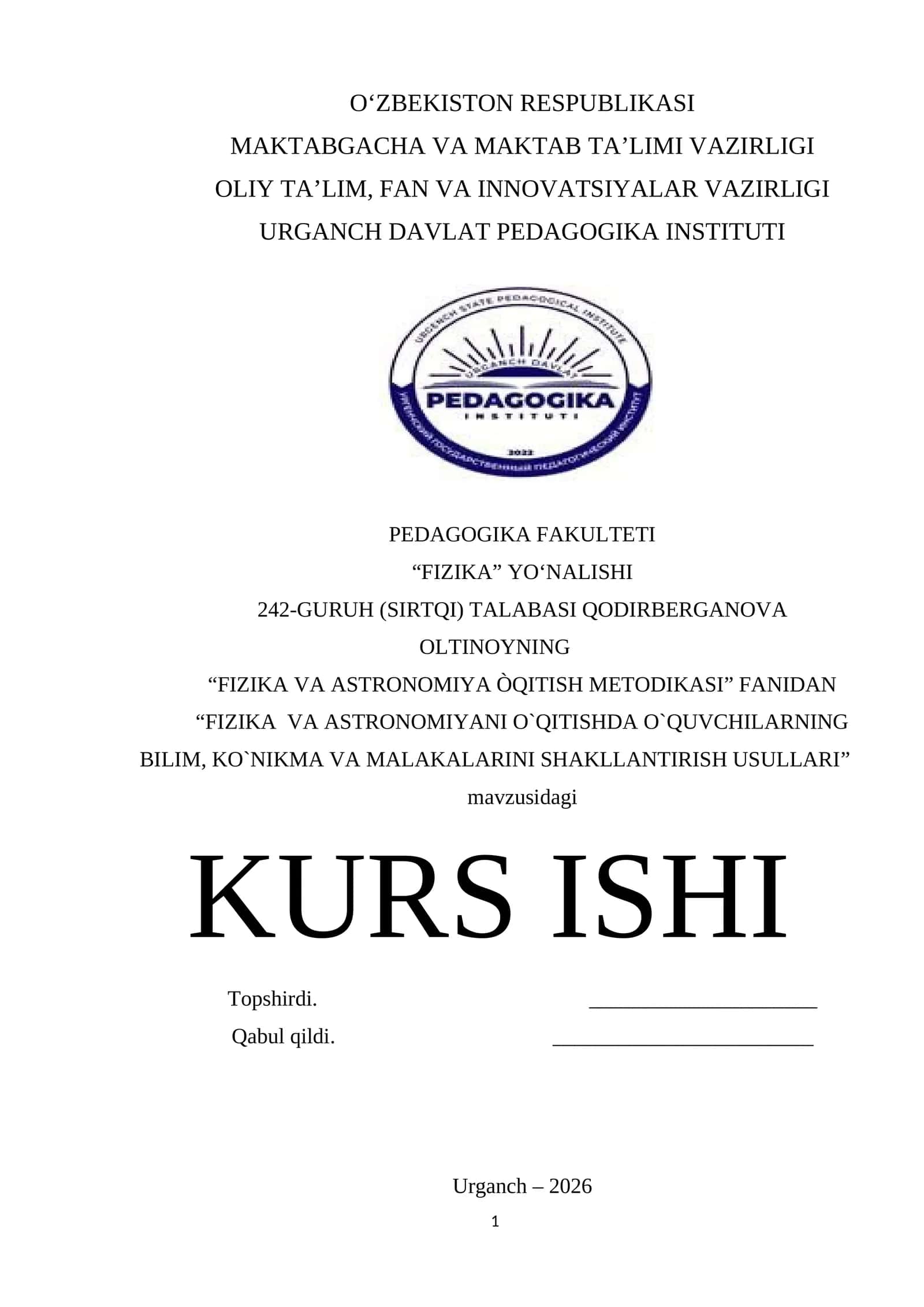 "FIZIKA VA ASTRONOMIYA ÒQITISH METODIKASI" FANIDAN