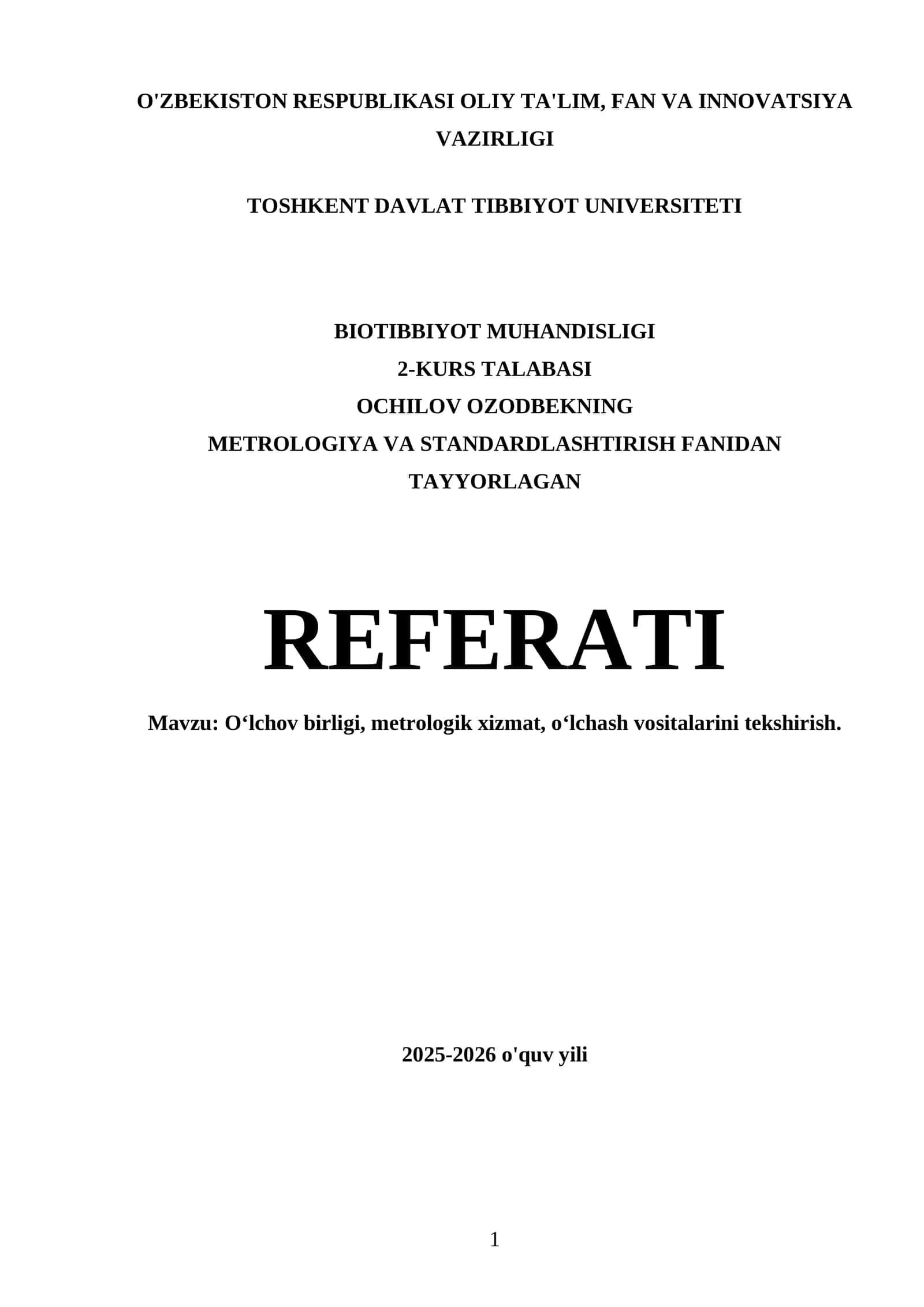 O'ZBEKISTON RESPUBLIKASI OLIY TA'LIM Tashkent Davlat Tibbiyot Universiteti, 2-Kurs Talabasi
