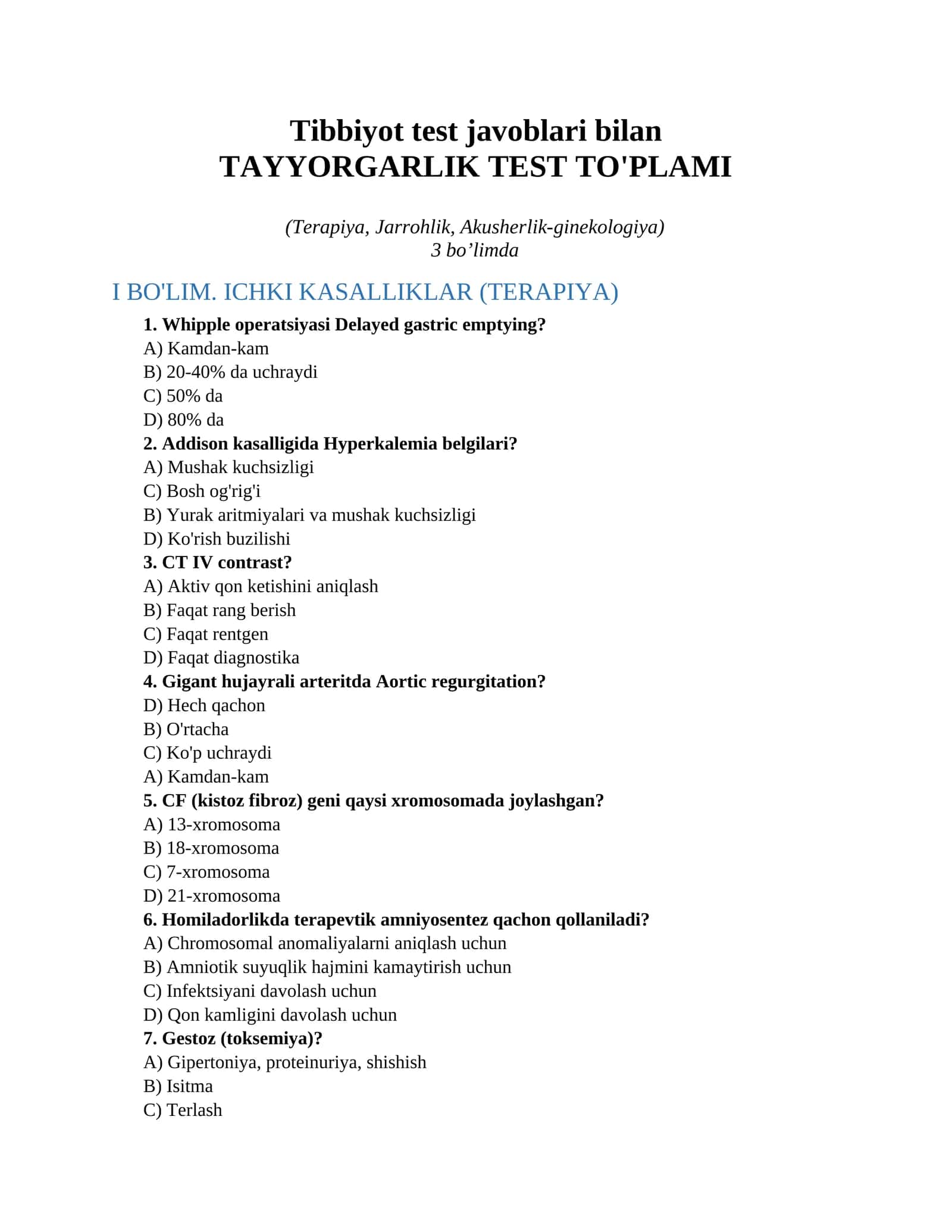 Tibbiyot test javoblari bilan