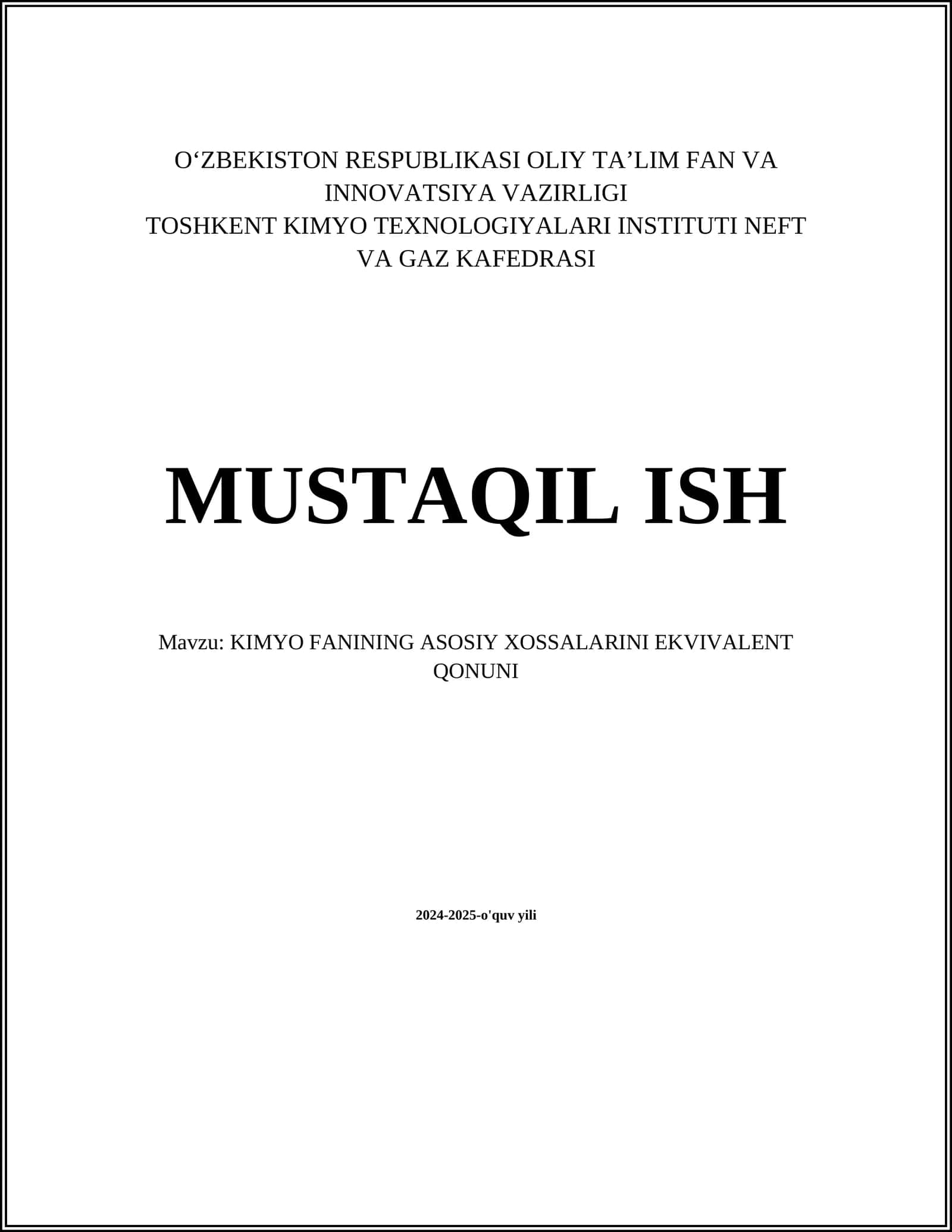 KIMYO FANINING ASOSIY XOSSALARINI EKVIVALENT QONUNI