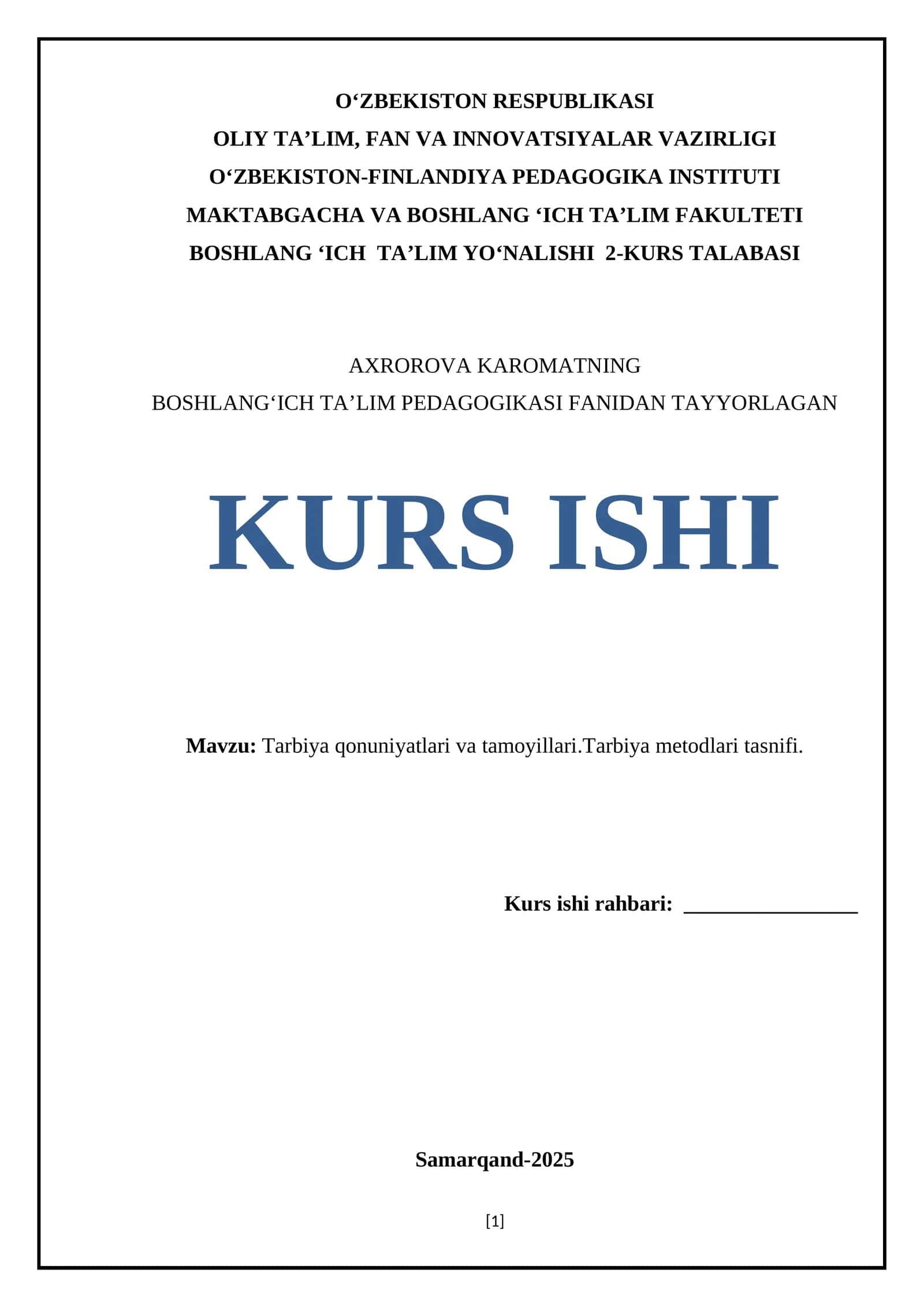 BOSHLANGʻICH TAʼLIM PEDAGOGIKASI FANIDAN TAYYORLAGAN KURS ISHI