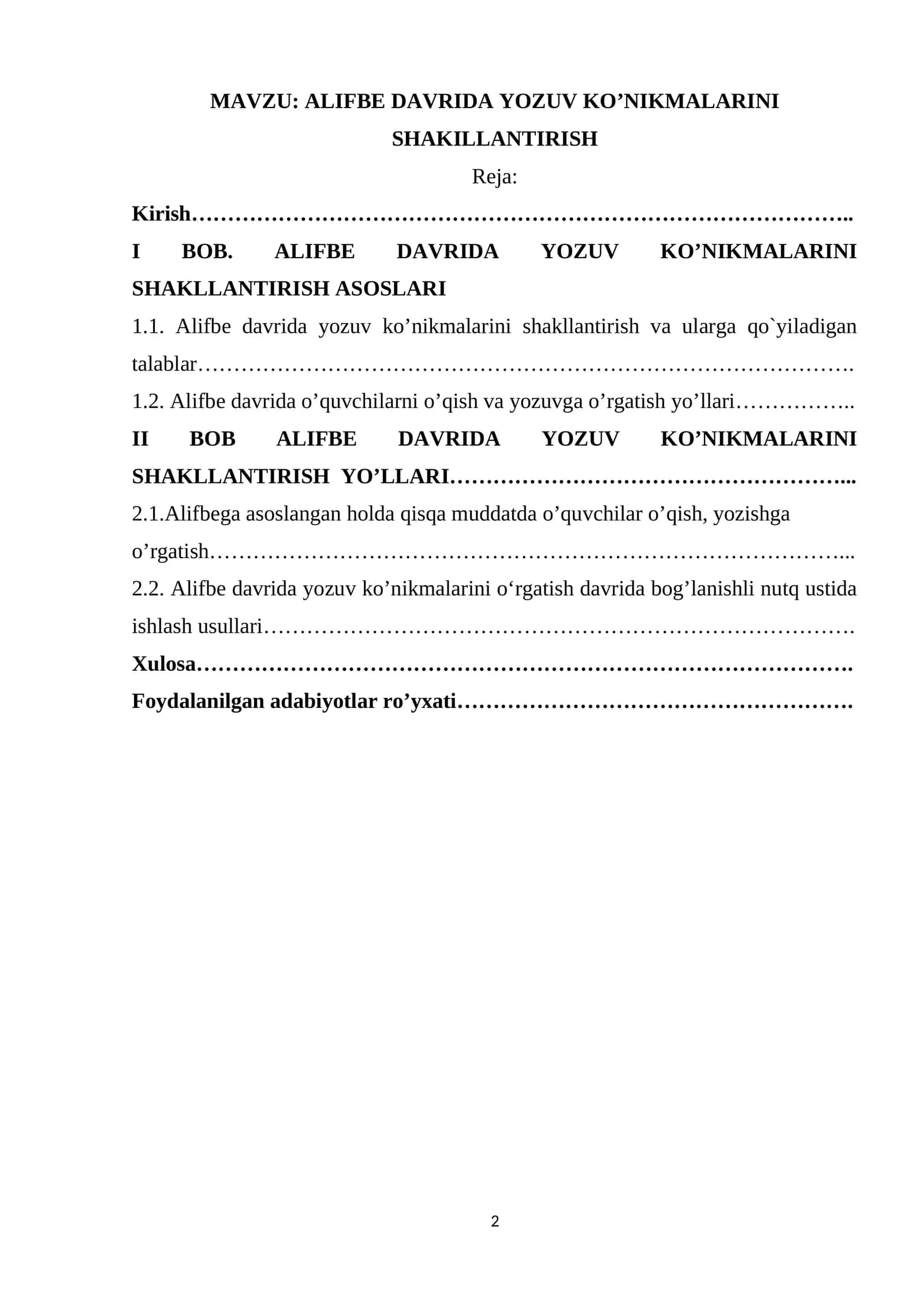 ALIFBE DAVRIDA YOZUV KONIKMALARINI SHAKILLANTIRISH  KURS ISHI
