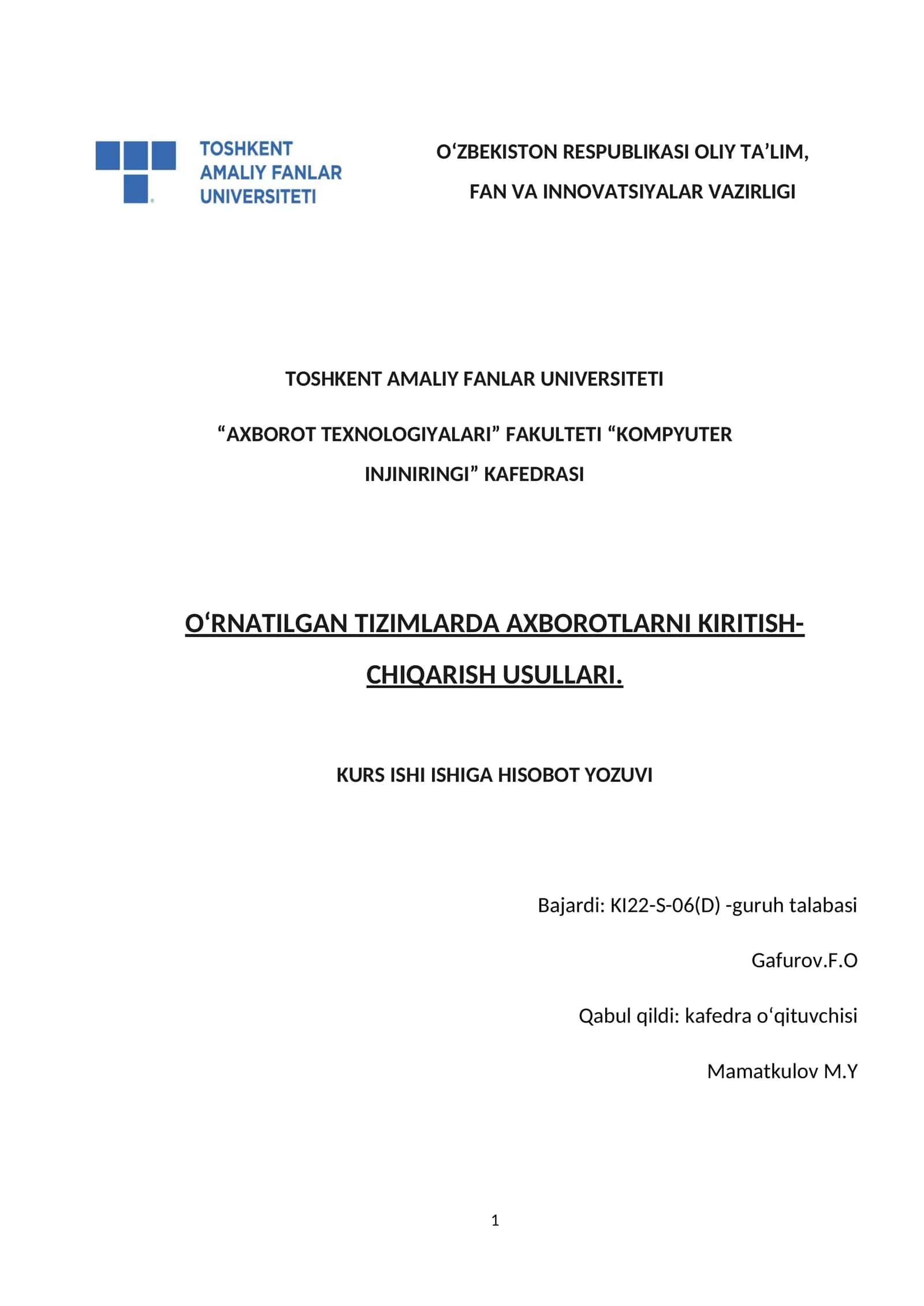 O'rnatilgan tizimlarda axborotlarni kiritish-chiqarish usullari