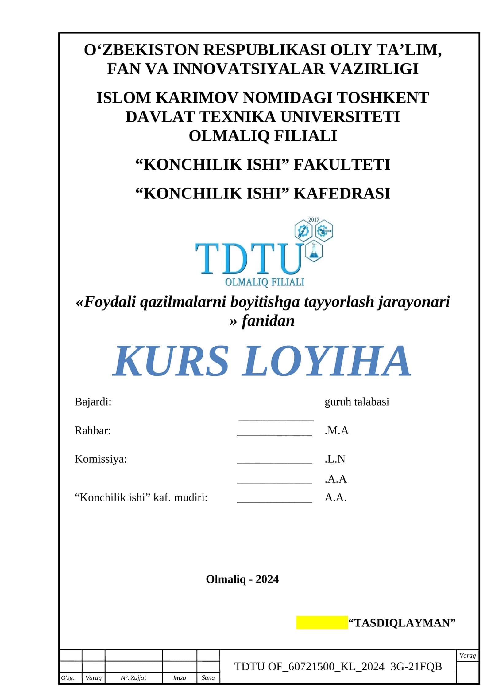 MIS RUDALARINI BOYITISHGA TAYYORLASH KURS LOYIHA 1