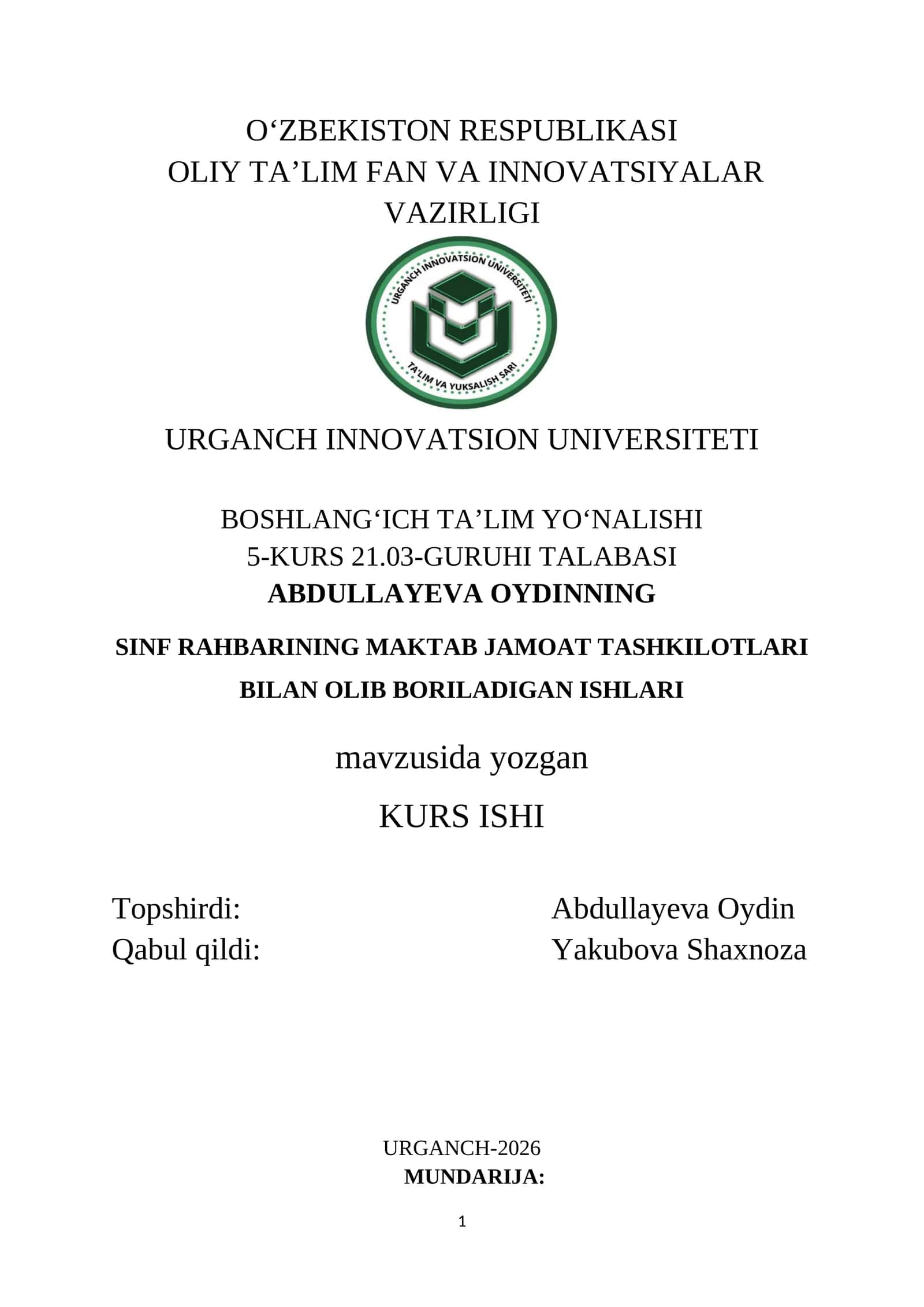 SINF RAHBARINING MAKTAB JAMOAT TASHKILOTLARI BILAN OLIB BORILADIGAN ISHLARI