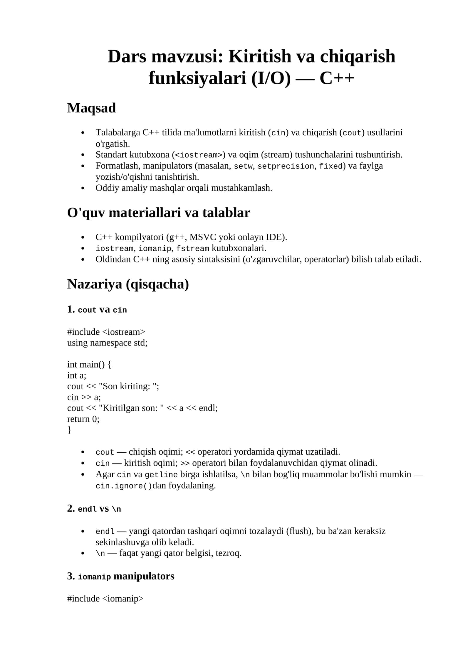 Kiritish va chiqarish funksiyalari (I/O) — C++