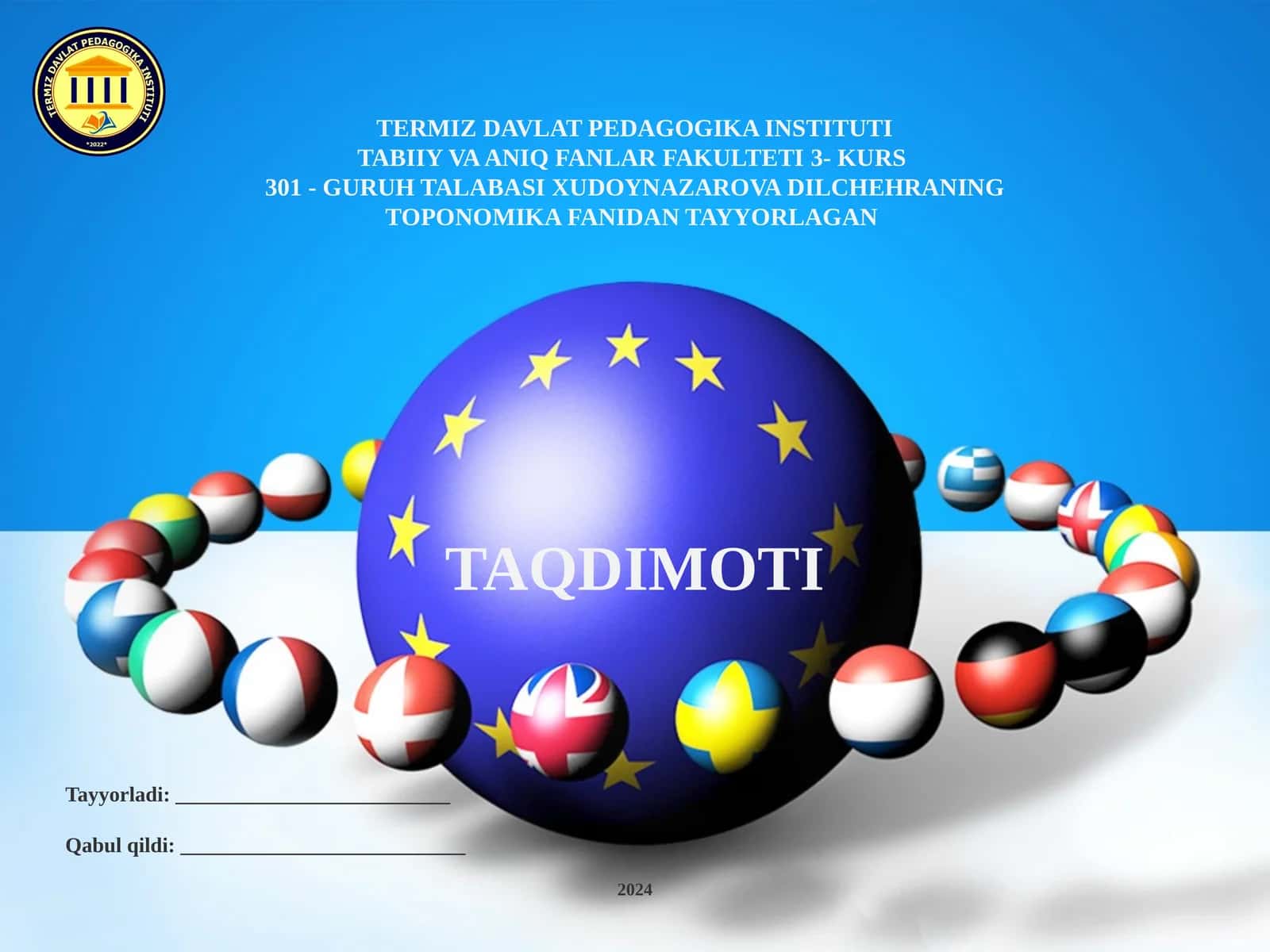GURUH TALABASIXUDOYNAZAROVA DILCHEHRANING TOPONOMIKA FANIDAN TAYYORLAGAN TAQDIMOTI