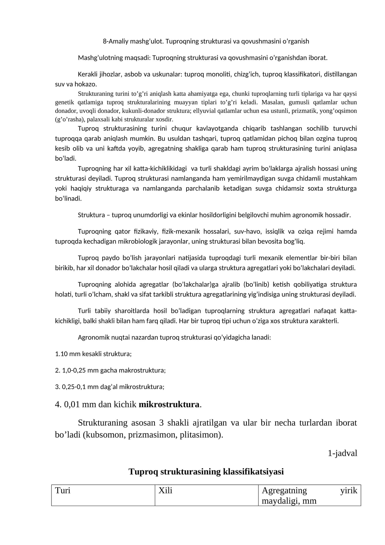 8-Amaliy mashg’ulot. Tuproqning strukturasi va qovushmasini o’rganish