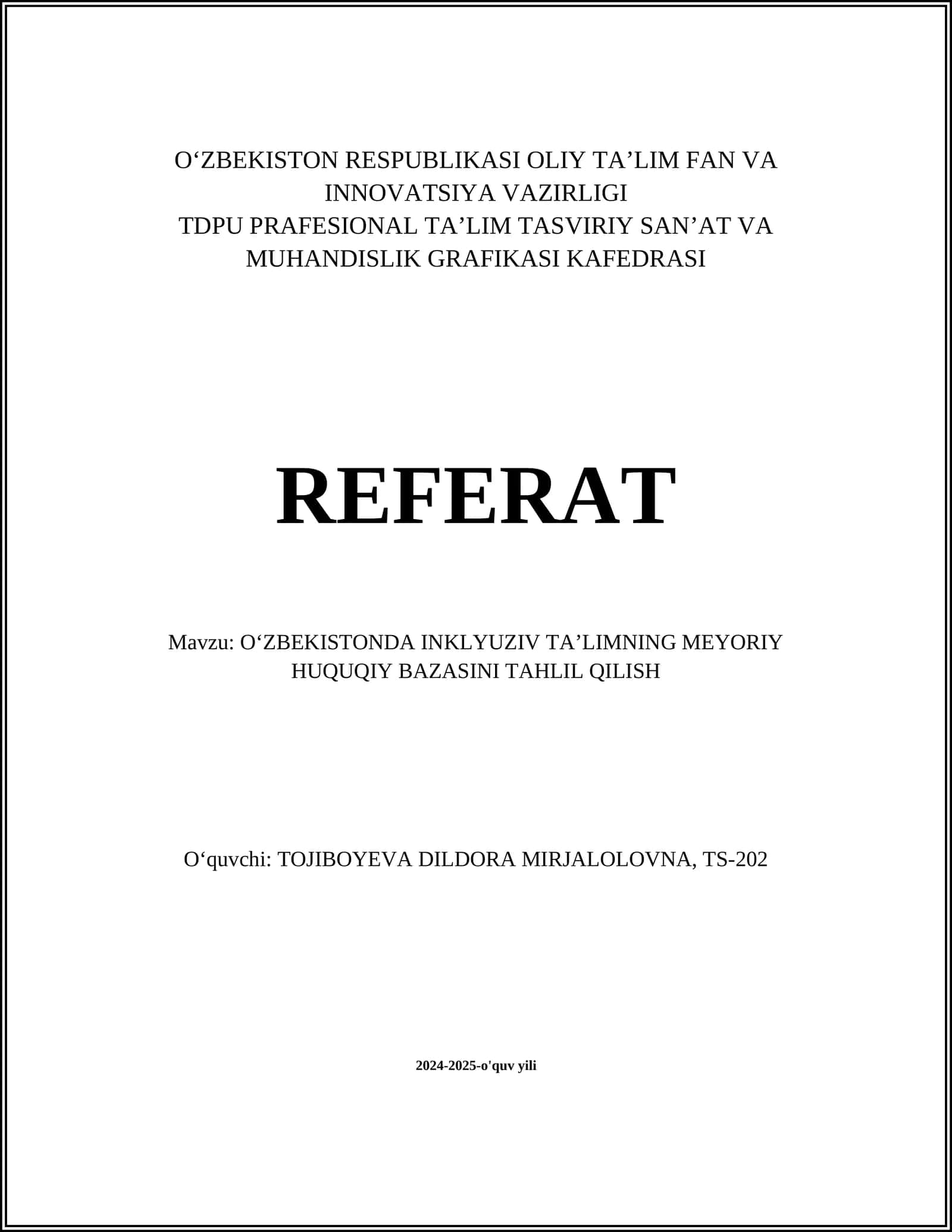 Oʻzbekistonda inklyuziv taʼlimning meyoriy huquqiy bazasini tahlil qilish