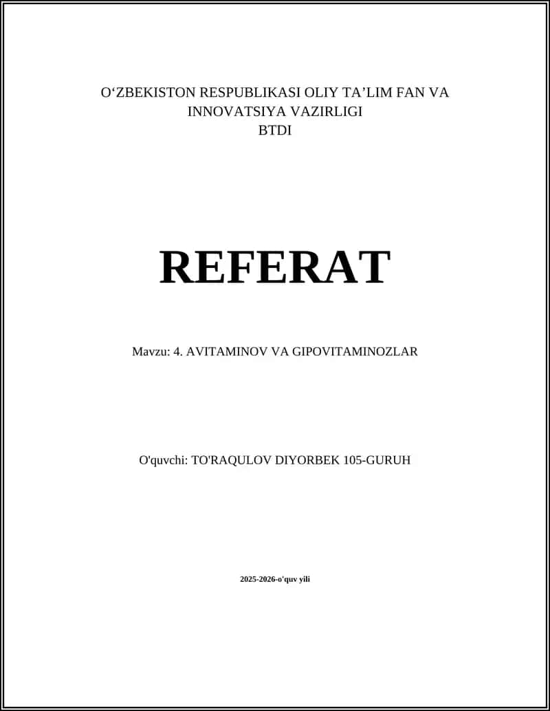 Avitaminoz va gipovitaminoz referat