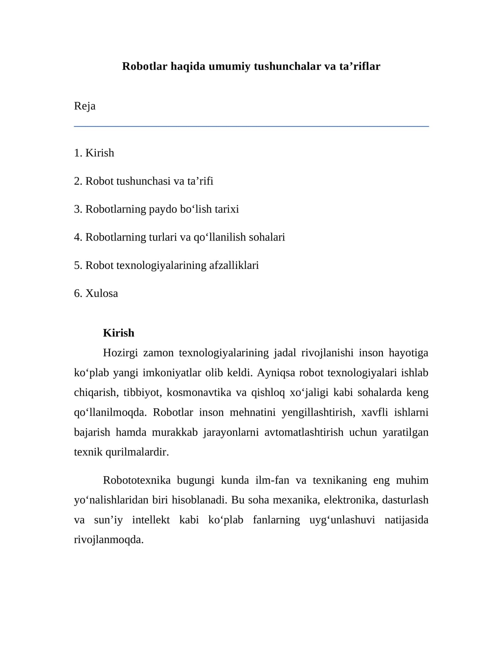 Robotlar haqida umumiy tushunchalar va ta’riflar